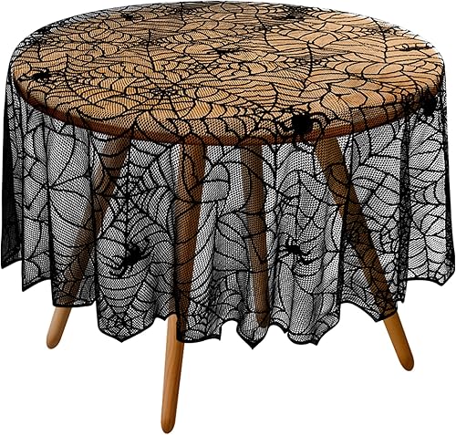 Miniatura 9 de eZAKKA Mantel redondo de Halloween, mantel de telaraña de 70 pulgadas, mantel negro de tela de encaje, mantel espeluznante para fiestas, gótico de