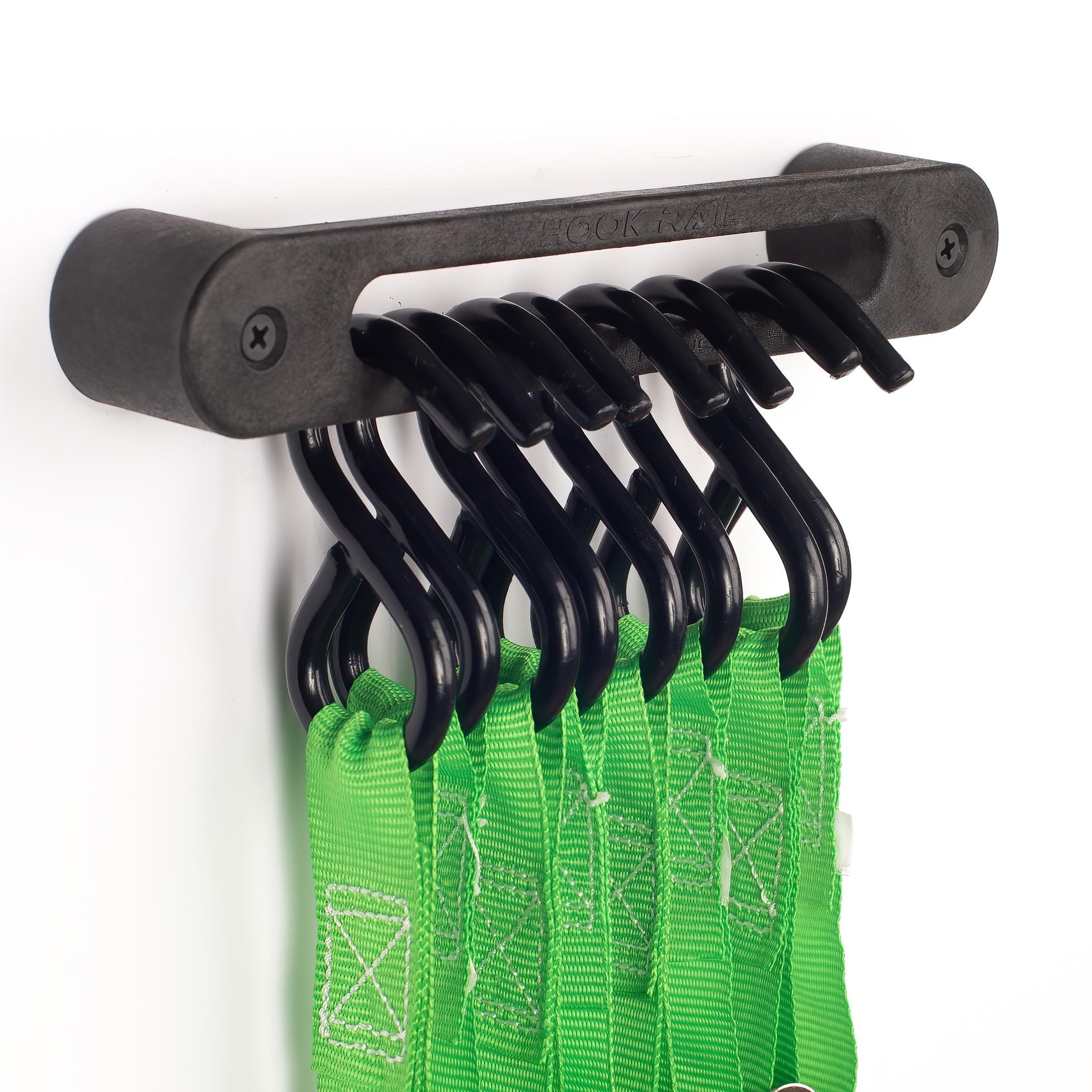 Hook Rail - 2/pk - Organize Your Tie-Down Straps (Ratchet, Cam buckle, Bungee Cords, and more) A low-profile wall-mounted cargo strap management solution for your enclosed trailer, garage, or home.