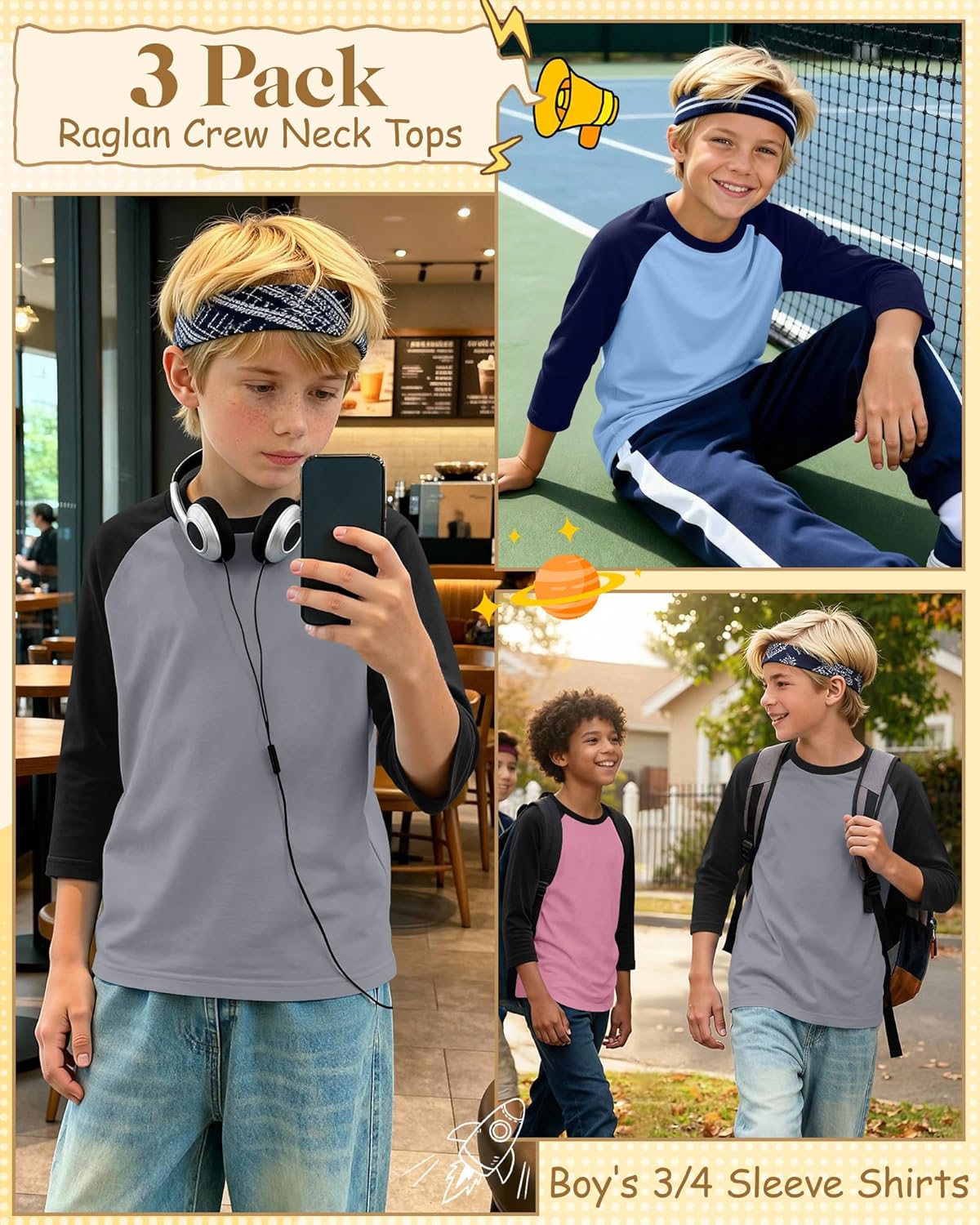 3 Pack Boy's Baseball Shirts 3/4 Sleeve Raglan Crew Neck Tops Athletic Casual Jerseys 5-14 Old
