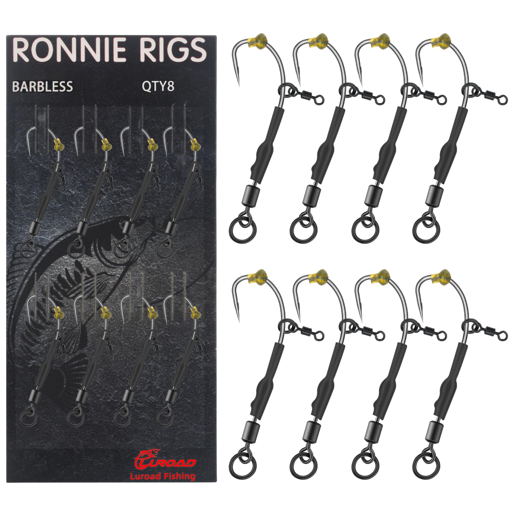 Luroad 8 Pcs Ronnie Rigs with Swivel, Curved Barbless Barbed Carp Fishing Ronnie Rig Hooks with Teflon Coated, Hair Rigs for Carp Fishing