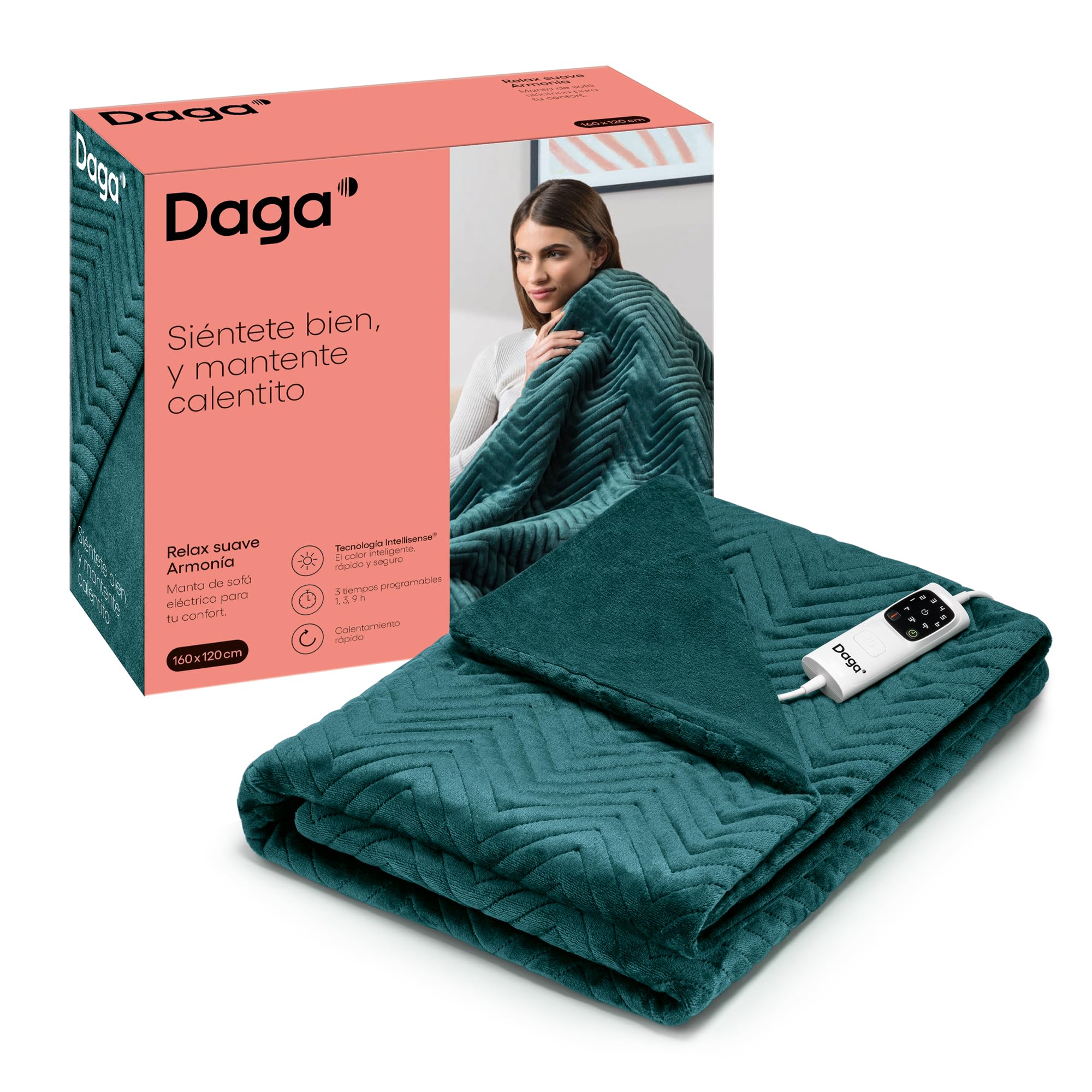 DAGA Manta térmica eléctrica de Sofá Relax Suave Armonía Verde, Tecnología de Calefacción Intellisense, Tejido y acolchado en terciopelo, 6 Niveles de Temperatura, 160 x 120 cm
