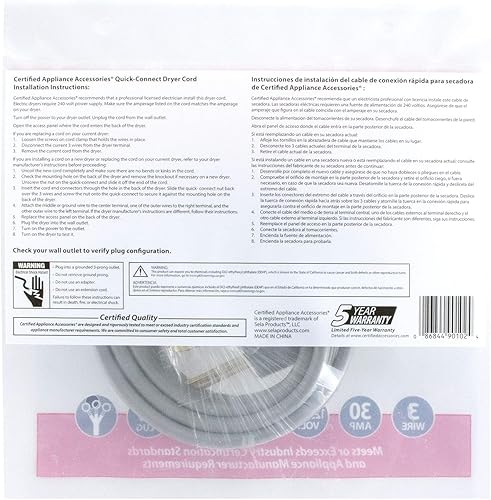 Miniatura 7 de Certified Appliance Accessories Cable de alimentación para electrodomésticos de conexión rápida de 30 amperios, cable de secado de 3 puntas, 3