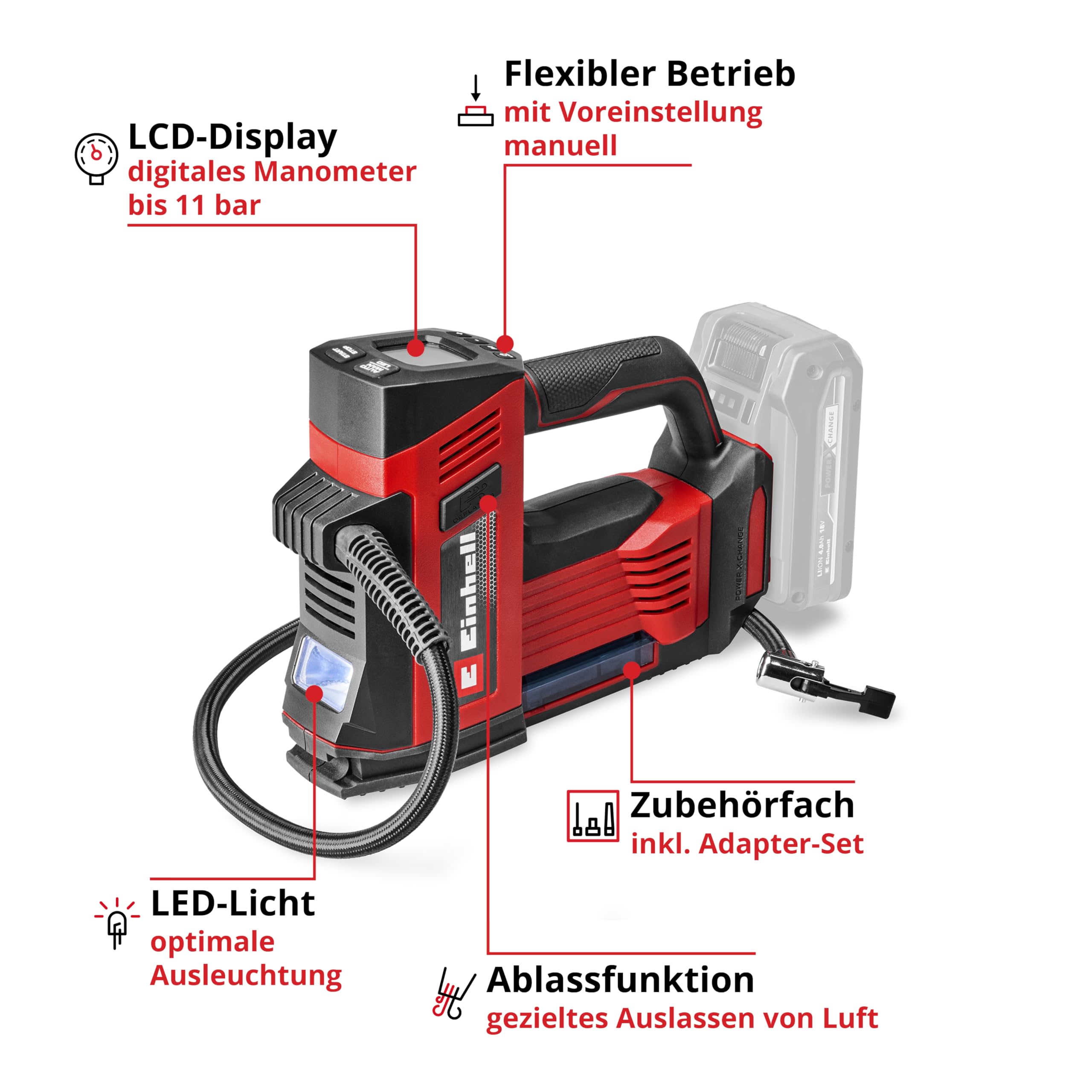 Einhell Akku-Autokompressor CE-CC 18/23 D Li-Solo Power X-Change (18 V, max. 11 bar, digitales Manometer mit LCD-Display, automatische Abschaltfunktion, ohne Akku)