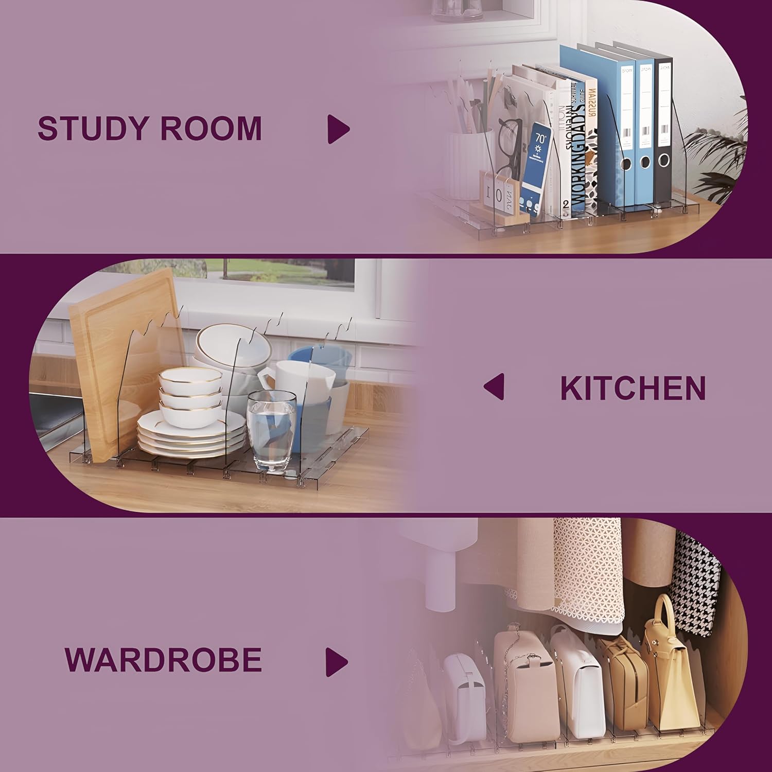 2 Pack Clear Bag & Purse Organizer for Closet - Adjustable Shelf Dividers for Closet Organizer - Clear Bag Storage Separator Rack for Handbag, Clothes Clutch, Tote, Book in Bedroom, Office