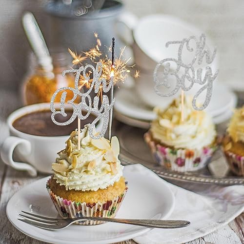 Miniatura 5 de Rsstarxi Paquete de 24 adornos para cupcakes Oh Boy con purpurina Oh Baby Boy para decoración de pasteles de baby shower, tema de revelación de
