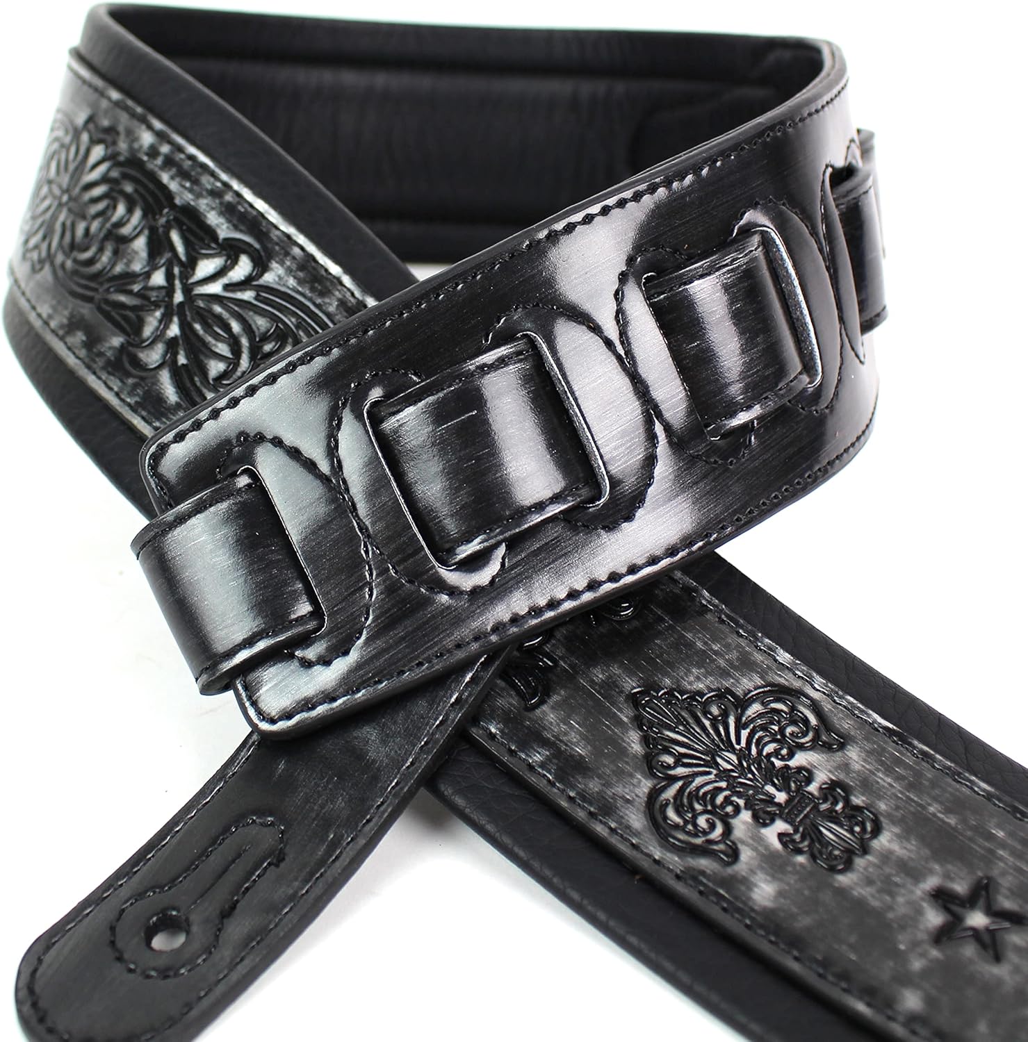 Walker and Williams GB-25 Brushed Silver And Black Padded Guitar Strap with Fleur De Lis & French Chain Design for Acoustic, Electric, and Bass Guitars