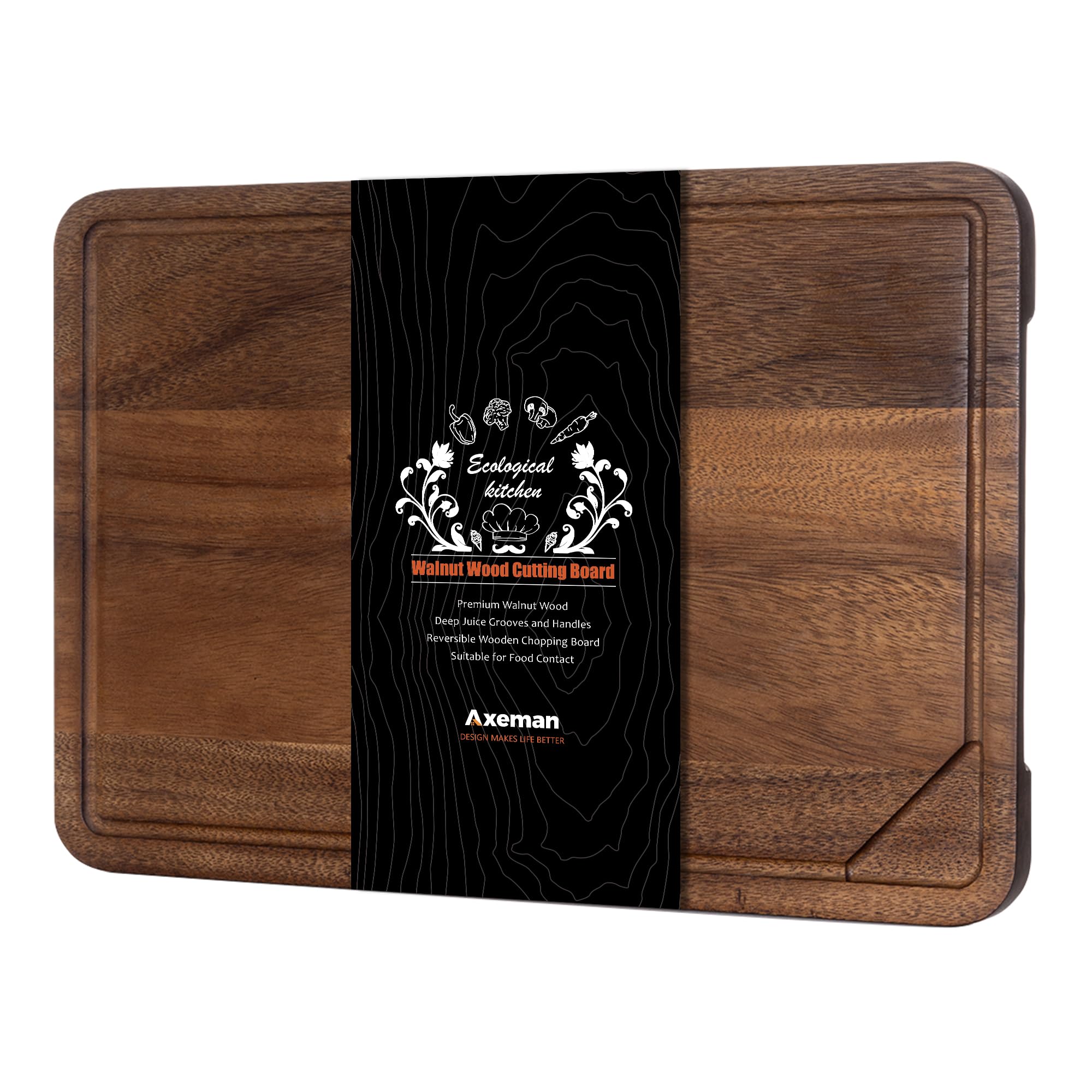 Axeman Walnut Wood Cutting Board with Juice Groove for Kitchen Countertop, Tick American Black-Walnut Wooden Chopping Board Charcuterie Board Butcher Block for Meat Vegetables, 18x12 inch