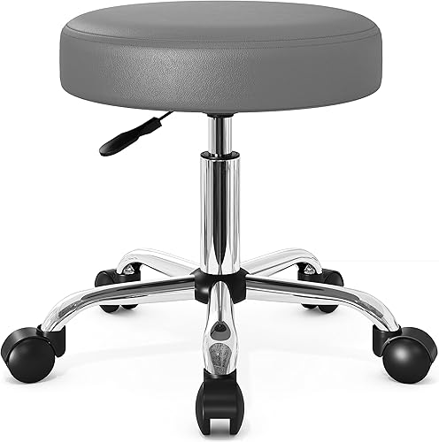 HOOMIC Taburetes con ruedas para salón, oficina, tienda, bar, spa, tatuaje, masaje médico, giratorio, con piel sintética, acolchado, color gris
