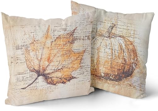 Giwawa Autumn Pillow Covers Set of 2 18x18 Inch- Vintage Fall Pumpkin Maple Leaf Decorative Cotton Throw Pillow Cases- Rustic Farmhouse Thanksgiving Cushion Covers for Sofa Porch Bed Season