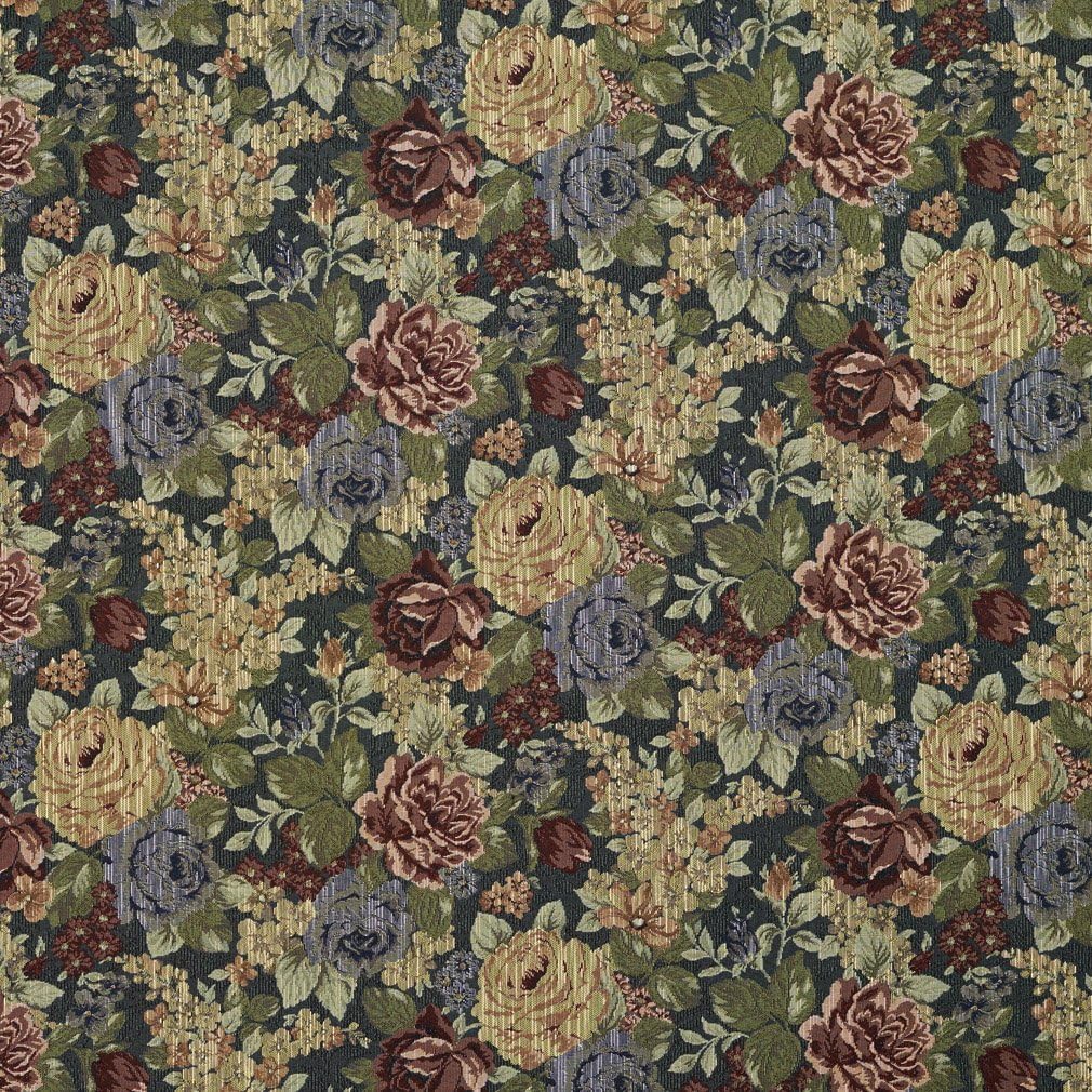 Blue Red and Green Floral Tapestry Upholstery Fabric by The Yard - SKU: Emmett Aloe