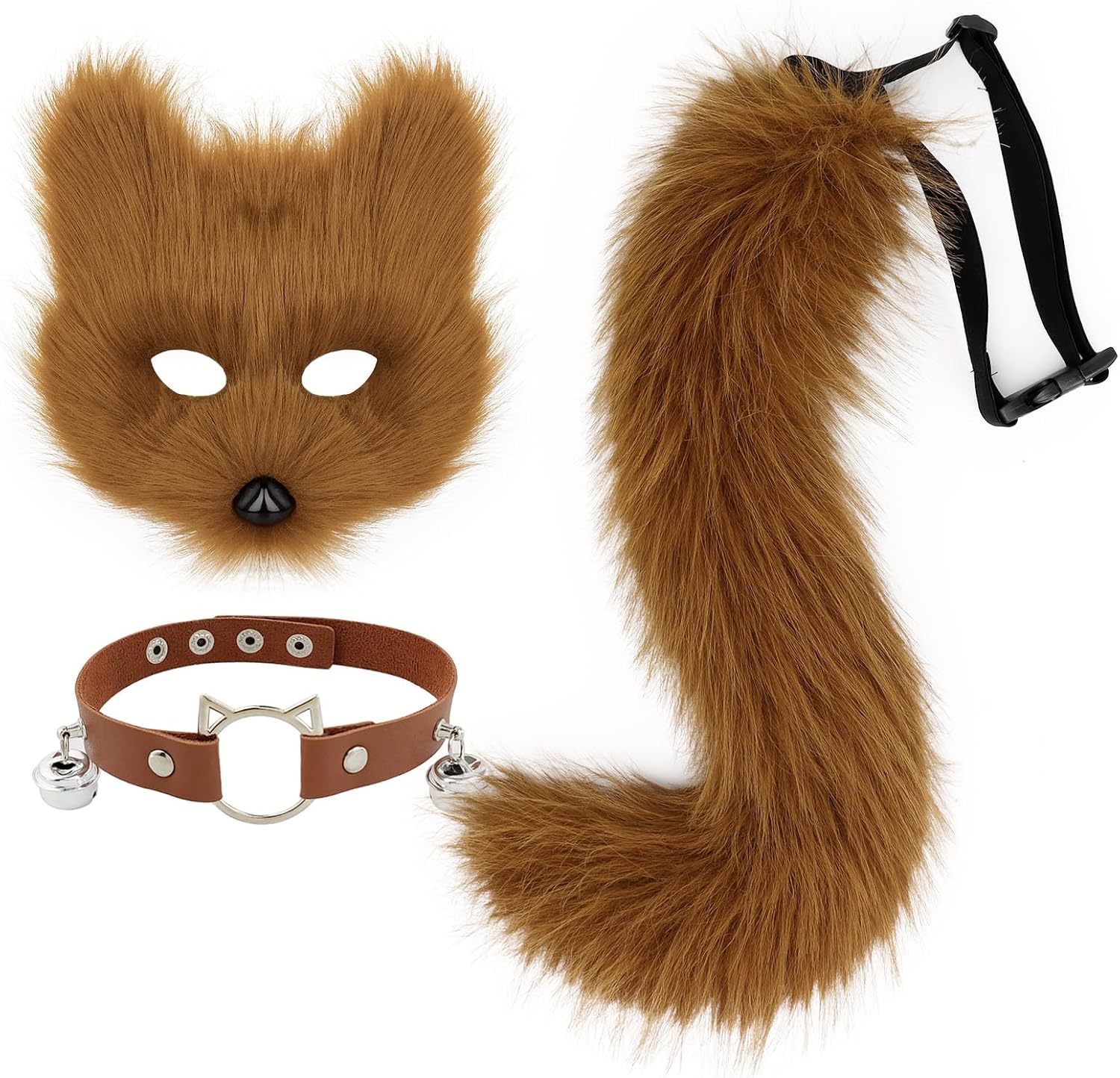 Faux Fur Fox Mask Wolf Cat Fluffy Tail and Leather Necklace Set Halloween Party Costume Accessory