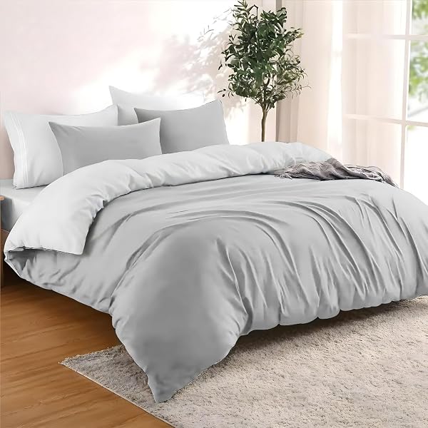 Dreamzie - Housse de Couette 240x220 cm avec 2 Taie Oreillers 65x65 cm - Gris Clair/Blanc - Parure de Lit 240x220 en 100% Microfibre - 3 Pièces - Certifié sans Produits Chimiques (Oeko TEX) - 1