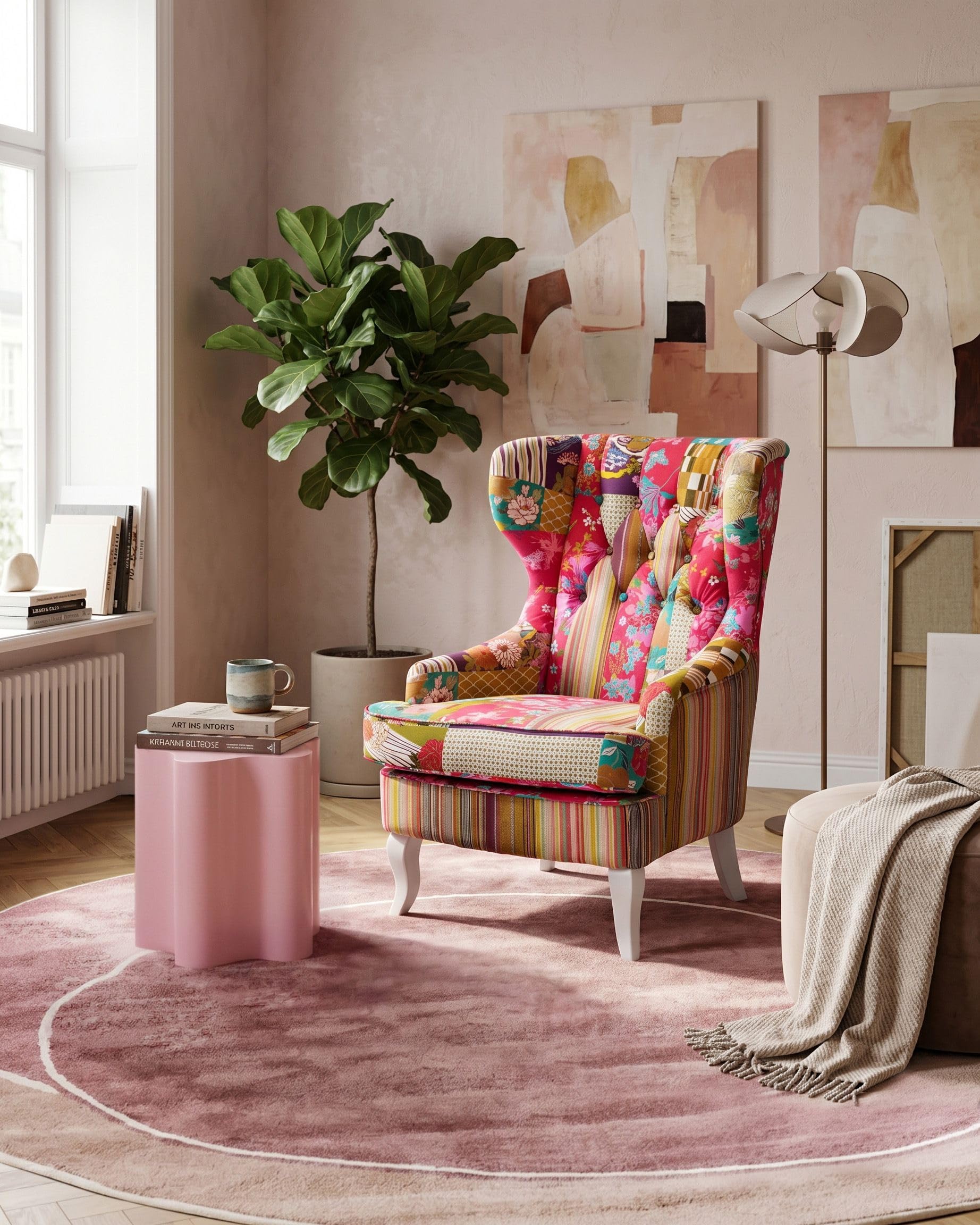 Beliani Sillón orejero tapizado en Tela Multicolor Patchwork Acolchado con Botones Patas de Madera Molde
