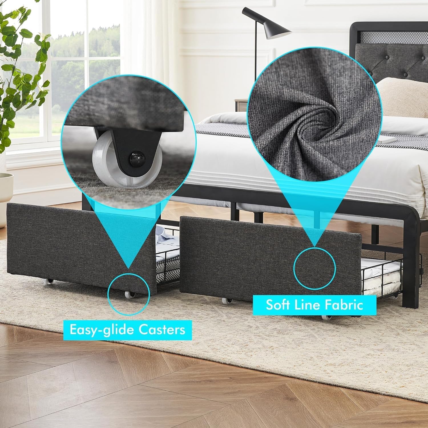GAOMON Full Bed Frame with 2 Storage Drawers, Button Tufted Headboard and LED Lights, Upholstered Platform Bed with Mattress Foundation Strong Wooden Slats Support, No Box Spring Needed, Dark Grey