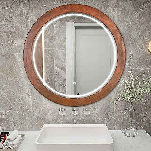 Miniatura 7 de Espejo redondo LED de baño de 30 pulgadas con marco de madera de nogal, espejo inteligente iluminado para pared, espejo de marco rústico con luz