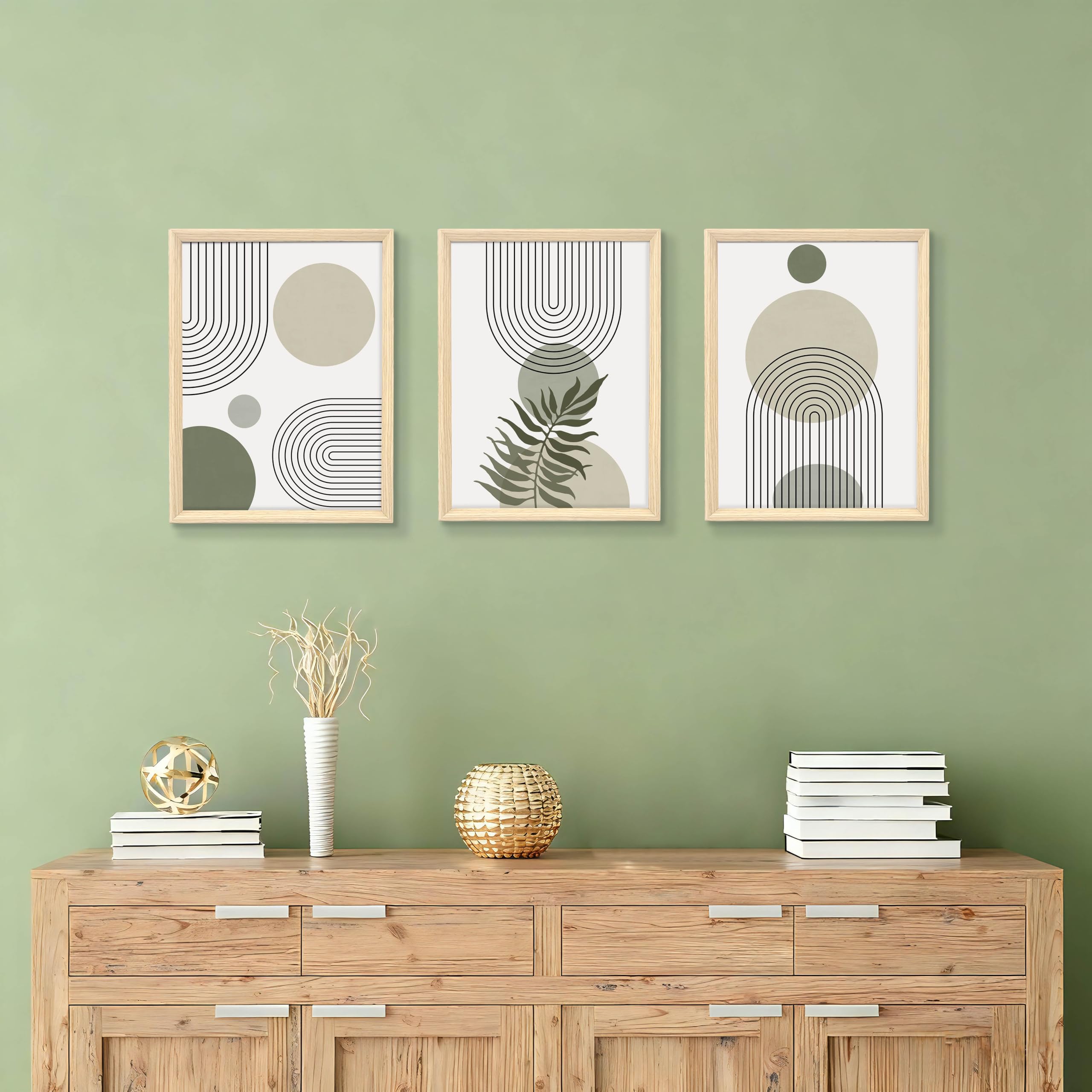3 Pcs Wooden Framed Canvas Wall Art Set Bohemian Sage Green Canvas Prints Poster Geometric Line Beige Green Pictures for Living Room Bedroom Dinning Room Hallway Stairs Wall Decor 30x40cm x3pcs — view 528