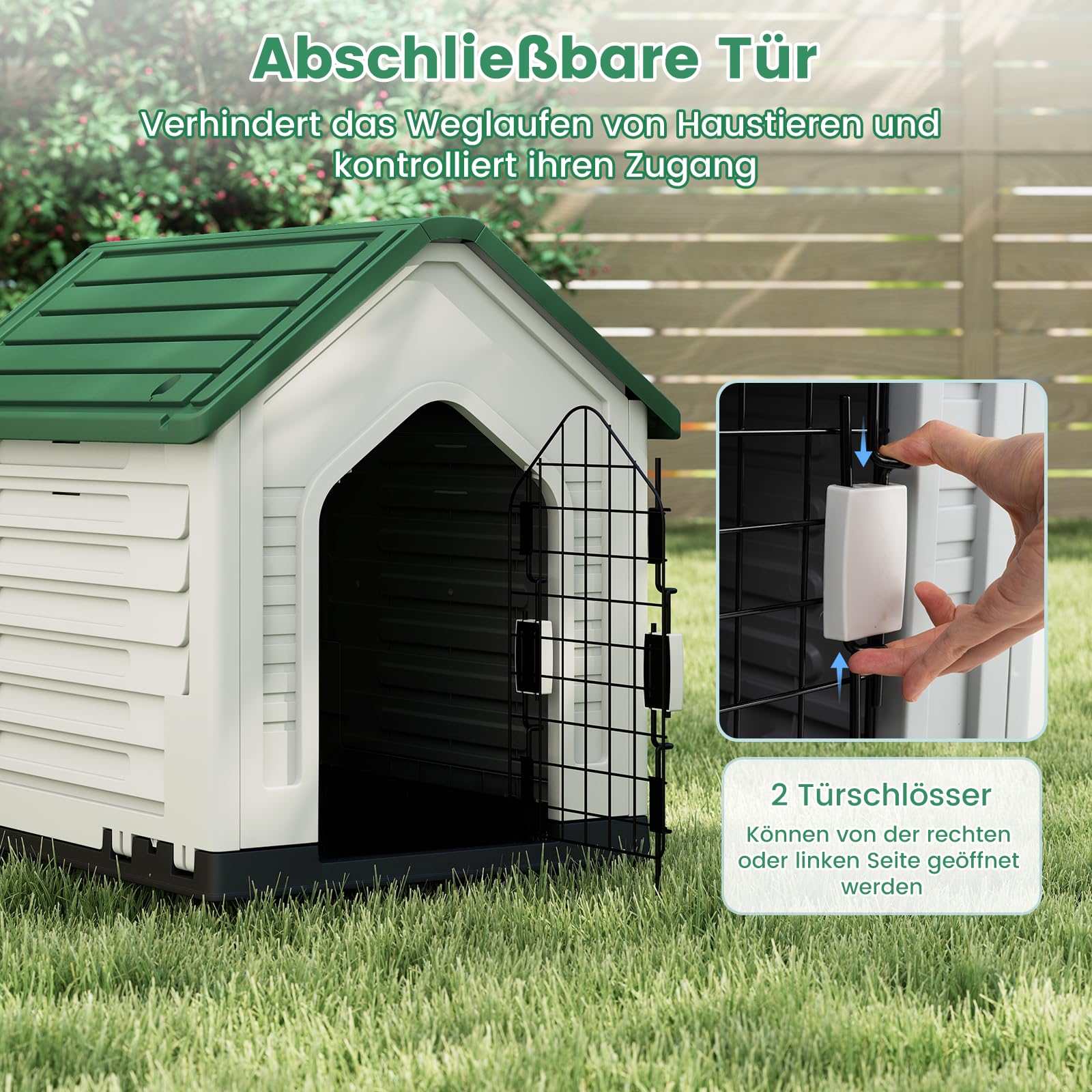 GOPLUS Hondenhok voor buiten, weerbestendig, met afsluitbare roosterdeur en verhoogde bodem, luchtventiel, schuin dak, hondenkooi voor binnen, huisdierhuis, voor honden en katten, groen