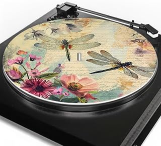 Dragonfly Retro Floral Print Turntable Mat - 11.61" Black Vinyl Slipmat Enhances Music Sound - Designed for Standard 12" Platters with Rubber Material Ideal Gifts for Men Women