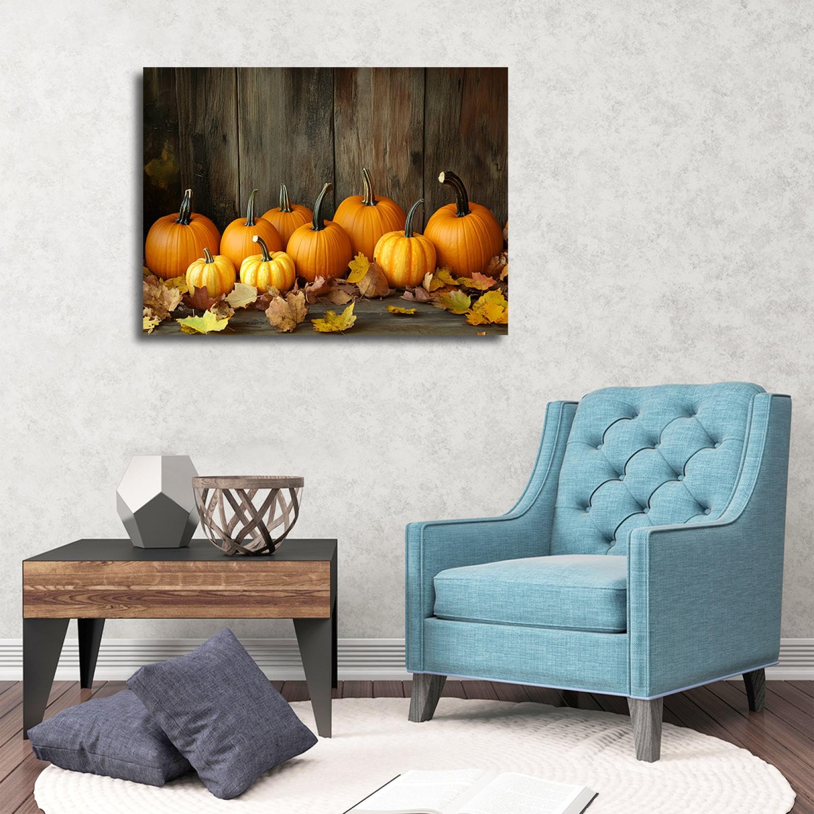 Jesień dynie Martwe liście Kuchnia Wydruki na płótnie Sztuka ścienna Rustykalny dom Farma Dekoracja ścienna Malarstwo do salonu Scena Żniwa 50x75cm Wewnętrzna rama