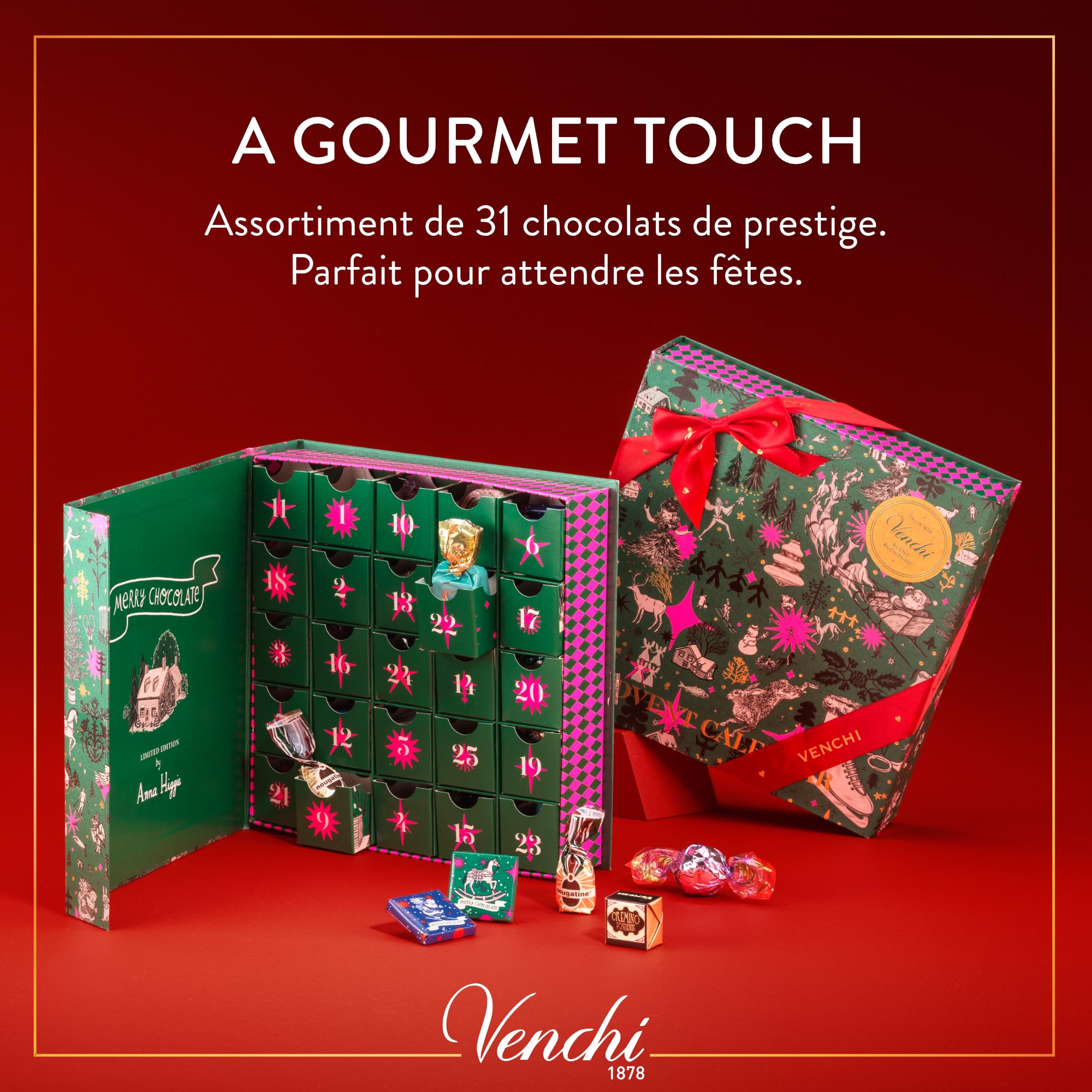 Venchi - Collection Noël - Calendrier de l'Avent Prestige, 310 g - 31 Chocolats - Idée Cadeau - Sans Gluten