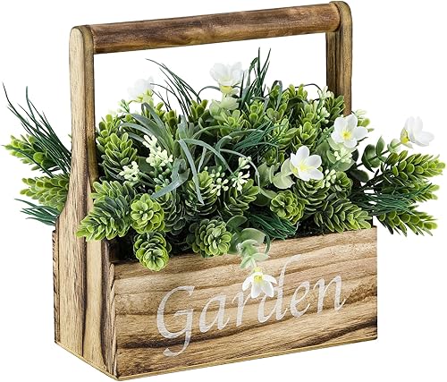 Lewondr Plantas artificiales, plantas falsas surtidas en caja de madera, plantas sintéticas rústicas con mango y letra decorativa de jardín,