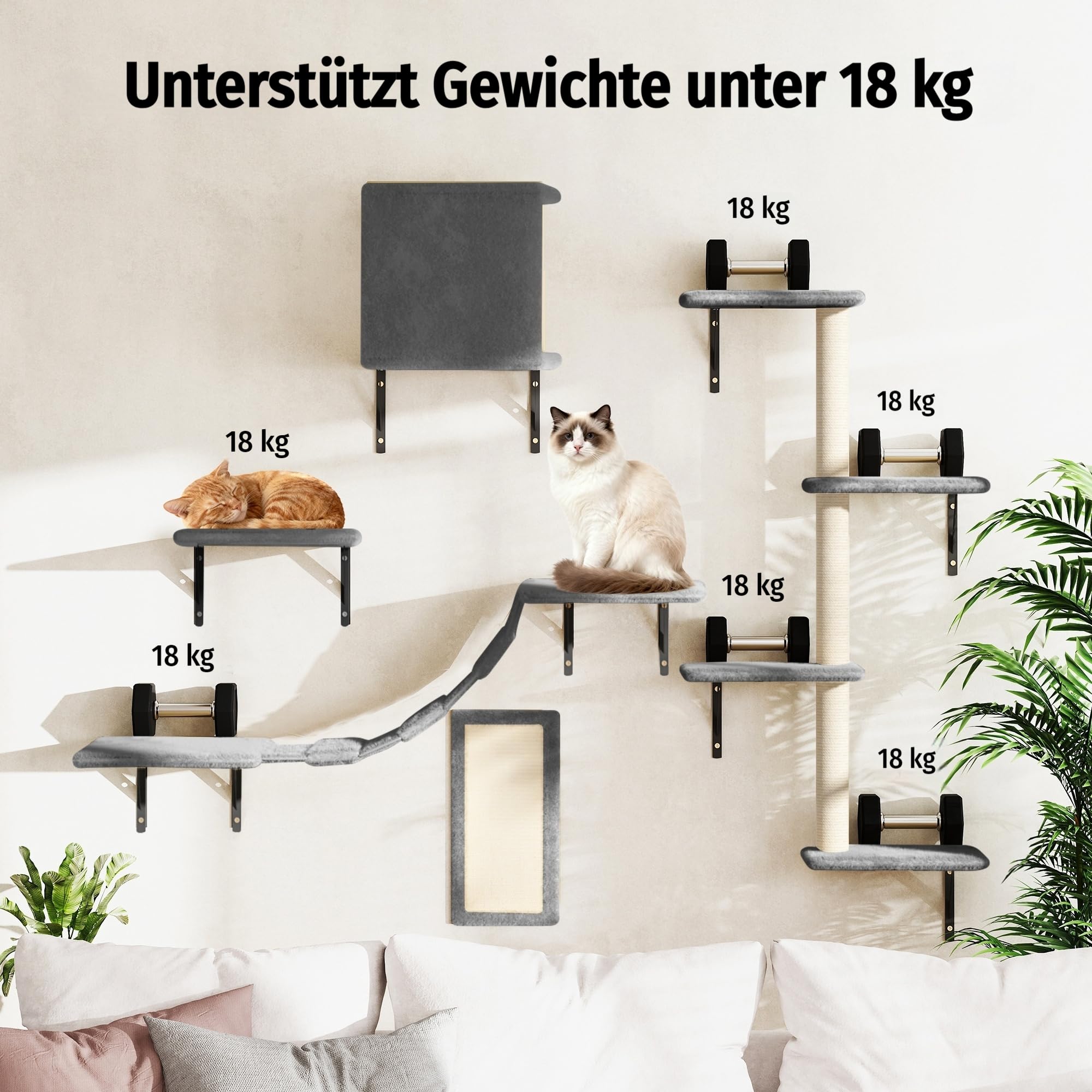 5 pezzi di mobili a muro multipiano per interni con tiragraffi, appartamento per gatti, posatoi, ponte per gatti, grigio