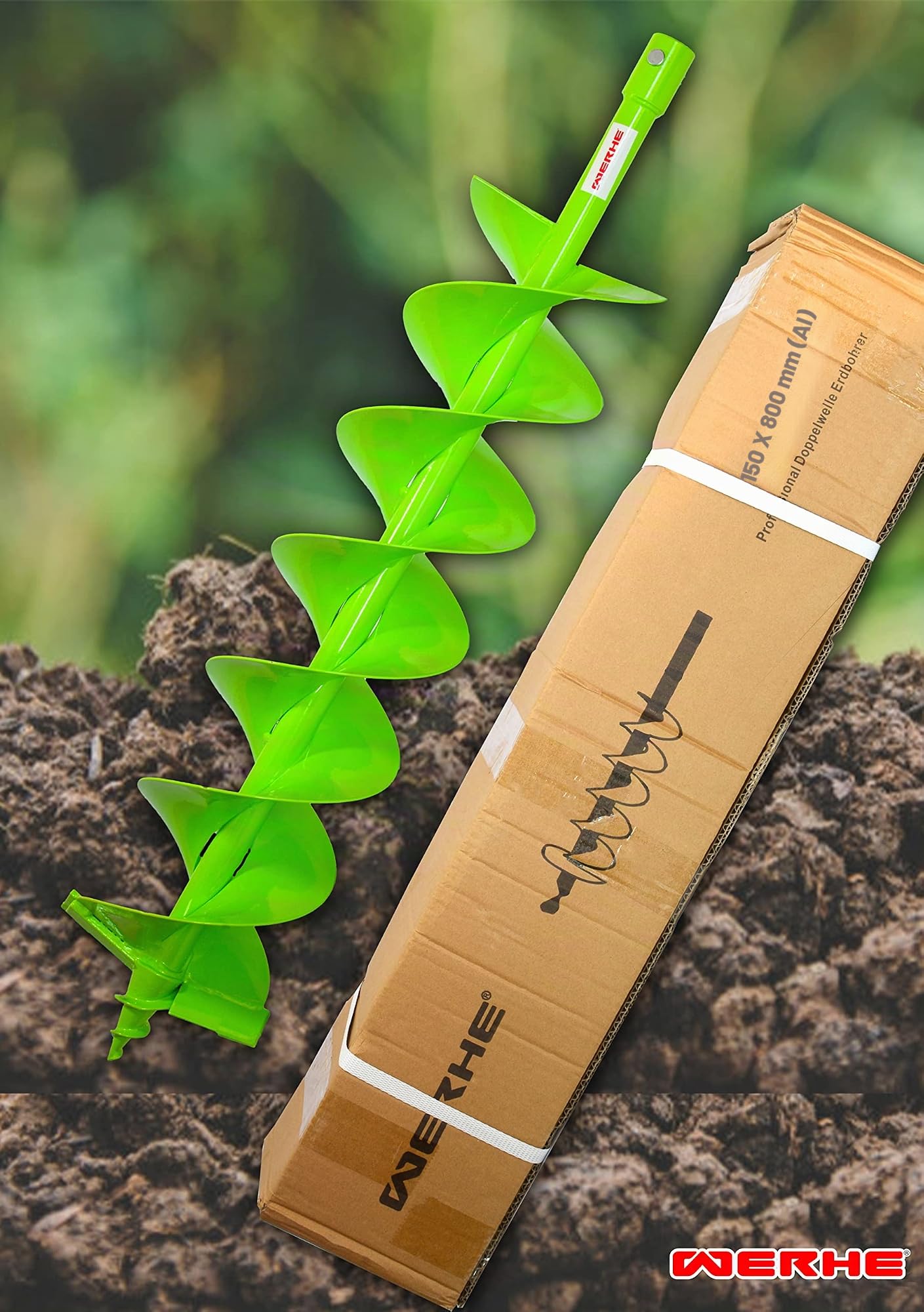 WERHE Barrena para tierra 150 mm con doble hélice – Acero robusto para plantación de árboles y construcción de cercas – Adaptador SDS Plus compatible | cuchillas de carburo, reafilable, largo total 80 cm, largo de trabajo 60 cm, 4,4 kg, incl. perno y pasa