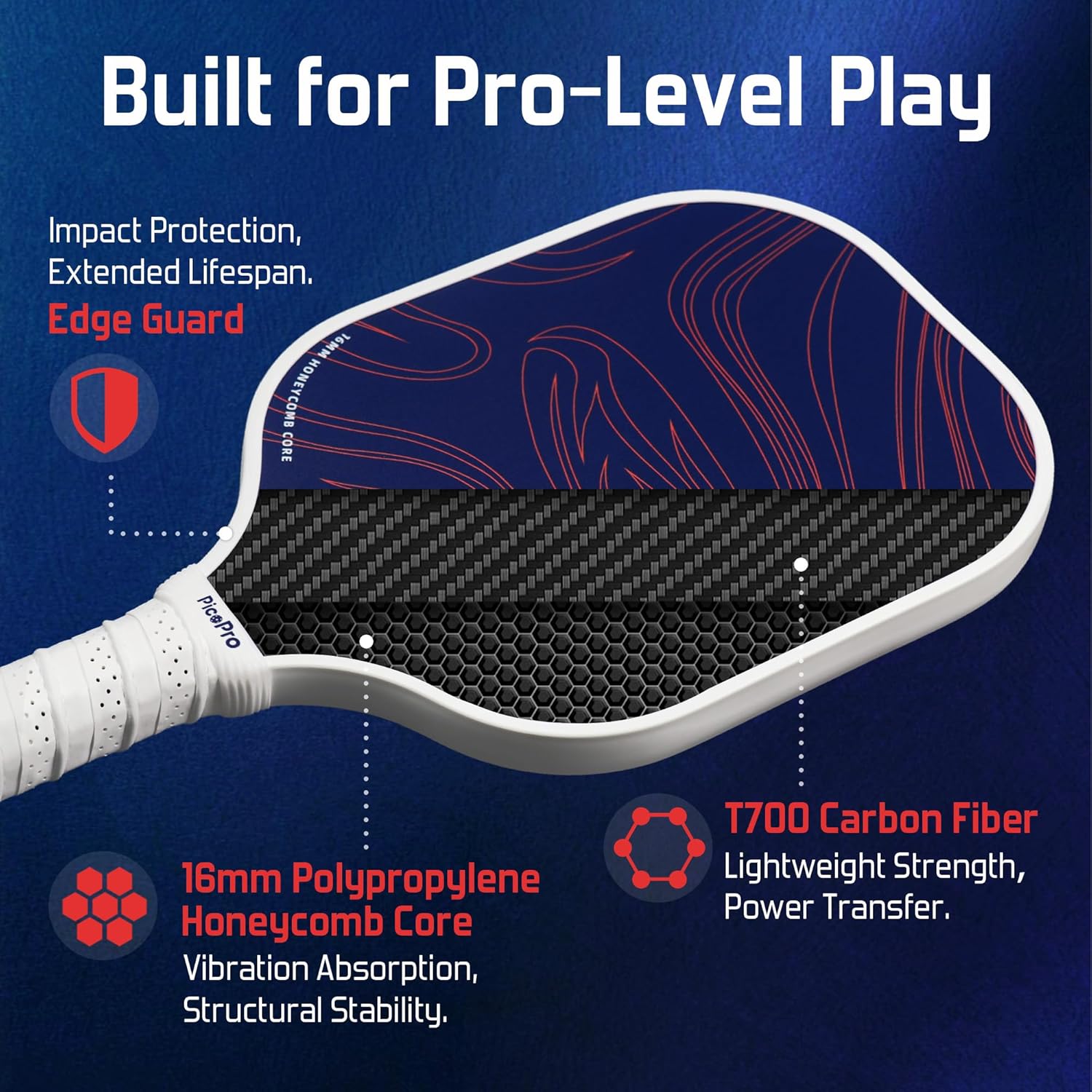 Carbon Fiber Pickleball Paddle 16mm Pro Pickleball Paddle USAPA Approved Pickle Ball Racket Lightweight Beginner-Friendly