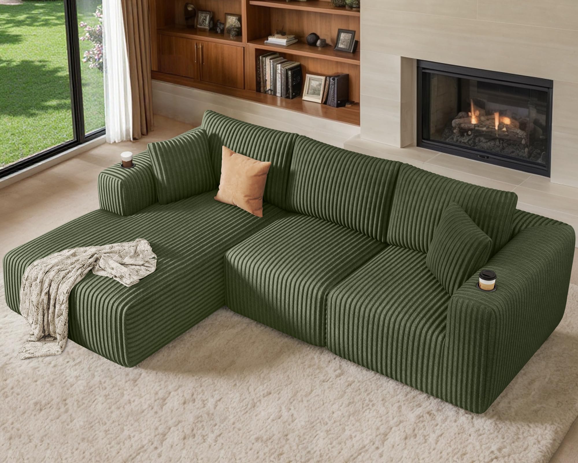 DURASPACE 108'' Modular Sectional Sofa, Cloud Boneless Couch with Deep Seat, Cup Holder, Memory Foam, Corduroy L Shaped Couch for Living Room Bedroom, No Assembly Required Green Left Facing Chaise