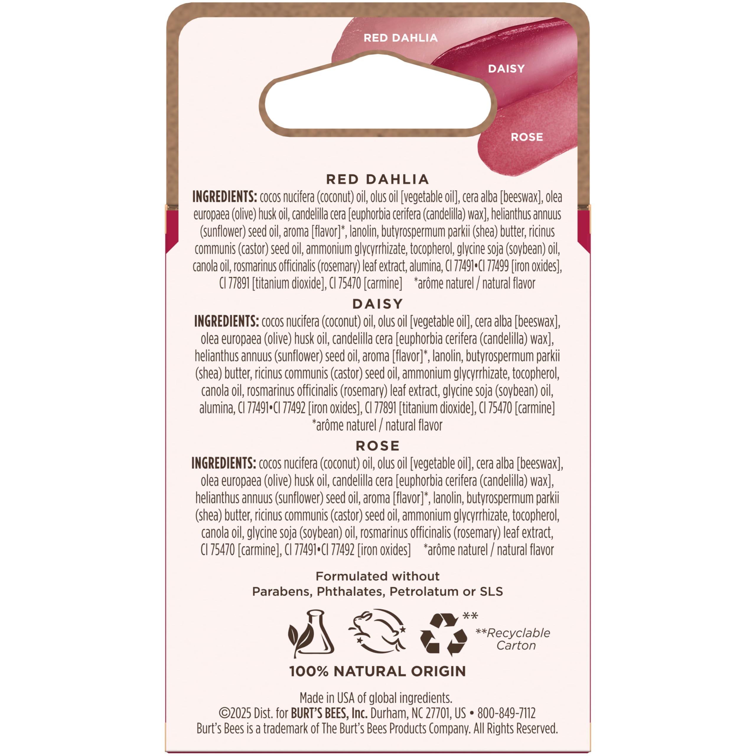 Burt’s Bees Tinted Lip Balm Value Pack Includes 3 Lip Balms: Red Dahlia, Daisy and Rose; 8 Hour Moisture; Provides a Hint of Color; Nourishing Shea Butter; 100% Natural Origin; 3 Tubes; 3x0.15 Oz.