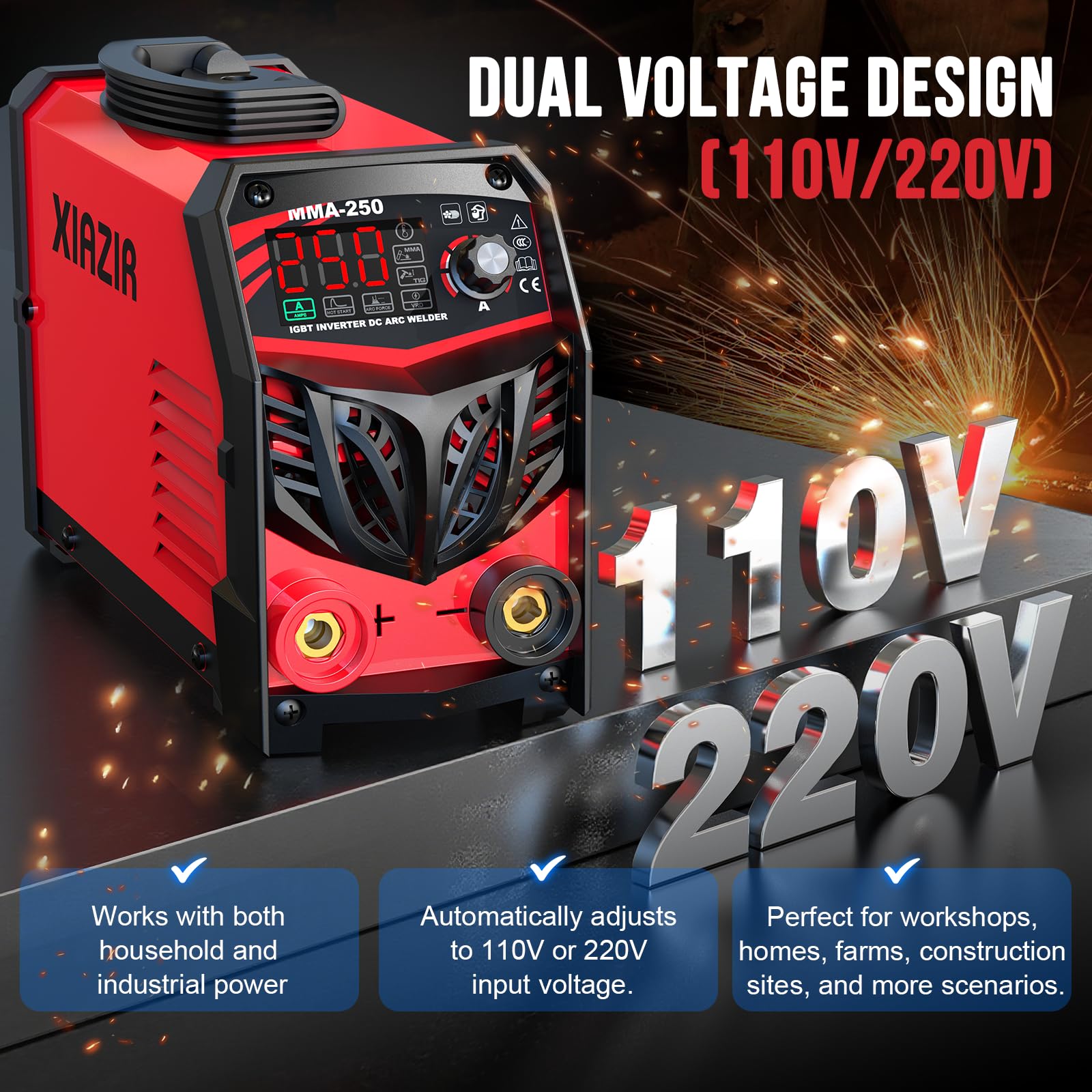 250A Elektroden schweißgerät 220V ARC Stick Welder mit LED-Display, tragbarer IGBT Inverter mit Hot Start, Arc Force & Anti-Stick, Komplettset für Heimwerker, Werkstatt & Landwirtschaft