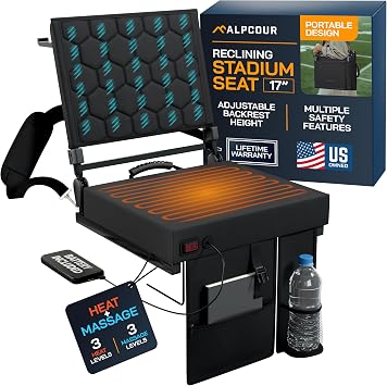 Alpcour Foldable Reclining Heated Massage Stadium Seat with Multiple Pockets, Anti-Slip Bottom, Bleacher Hooks, Bag Hook, Adjustable Height
