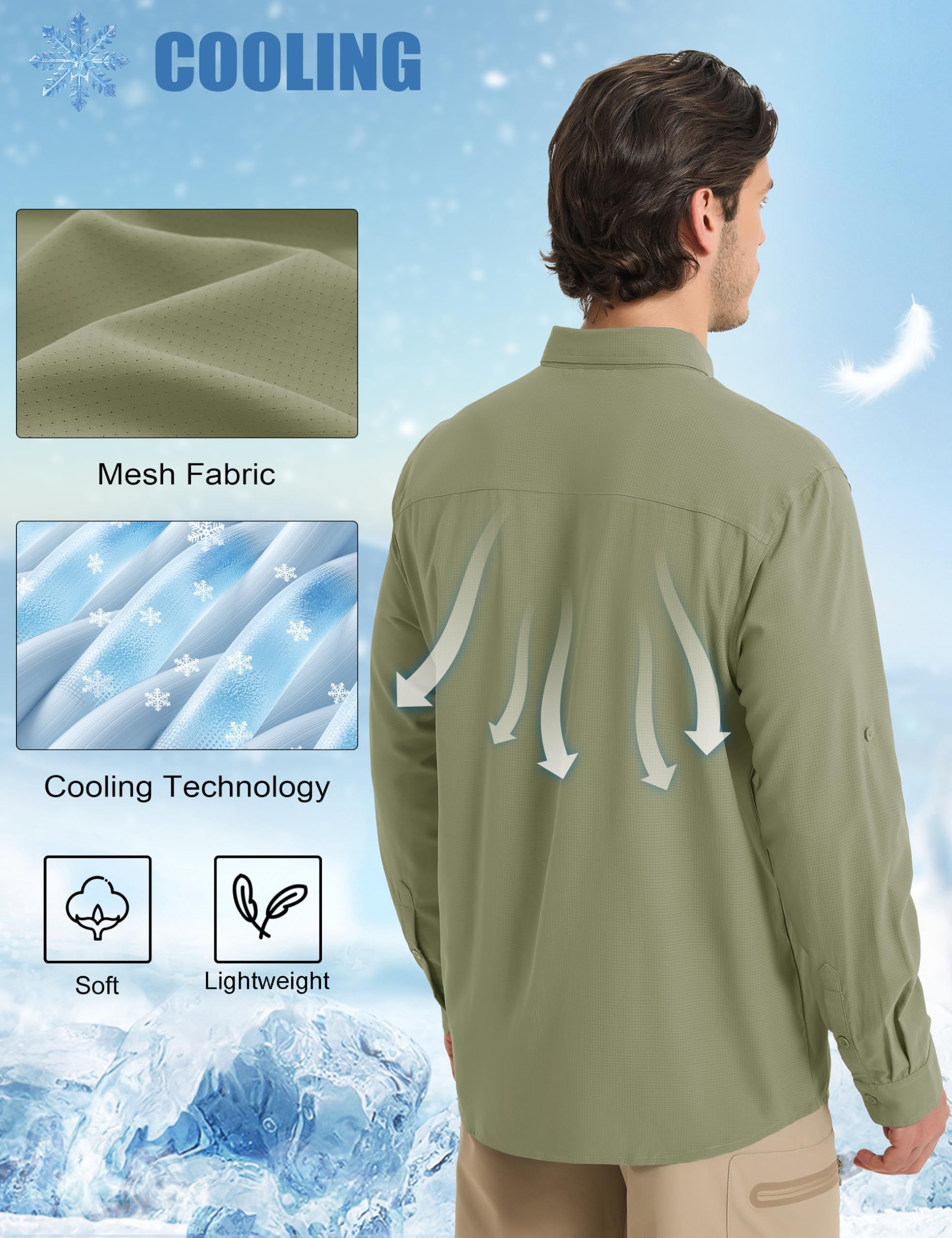 MAGCOMSEN UPF 50+ Sun Protection Shirts for Men Cooling Quick Dry Fishing Camping Travel Shirts Lightweight Button Down Shirts Grey Green L