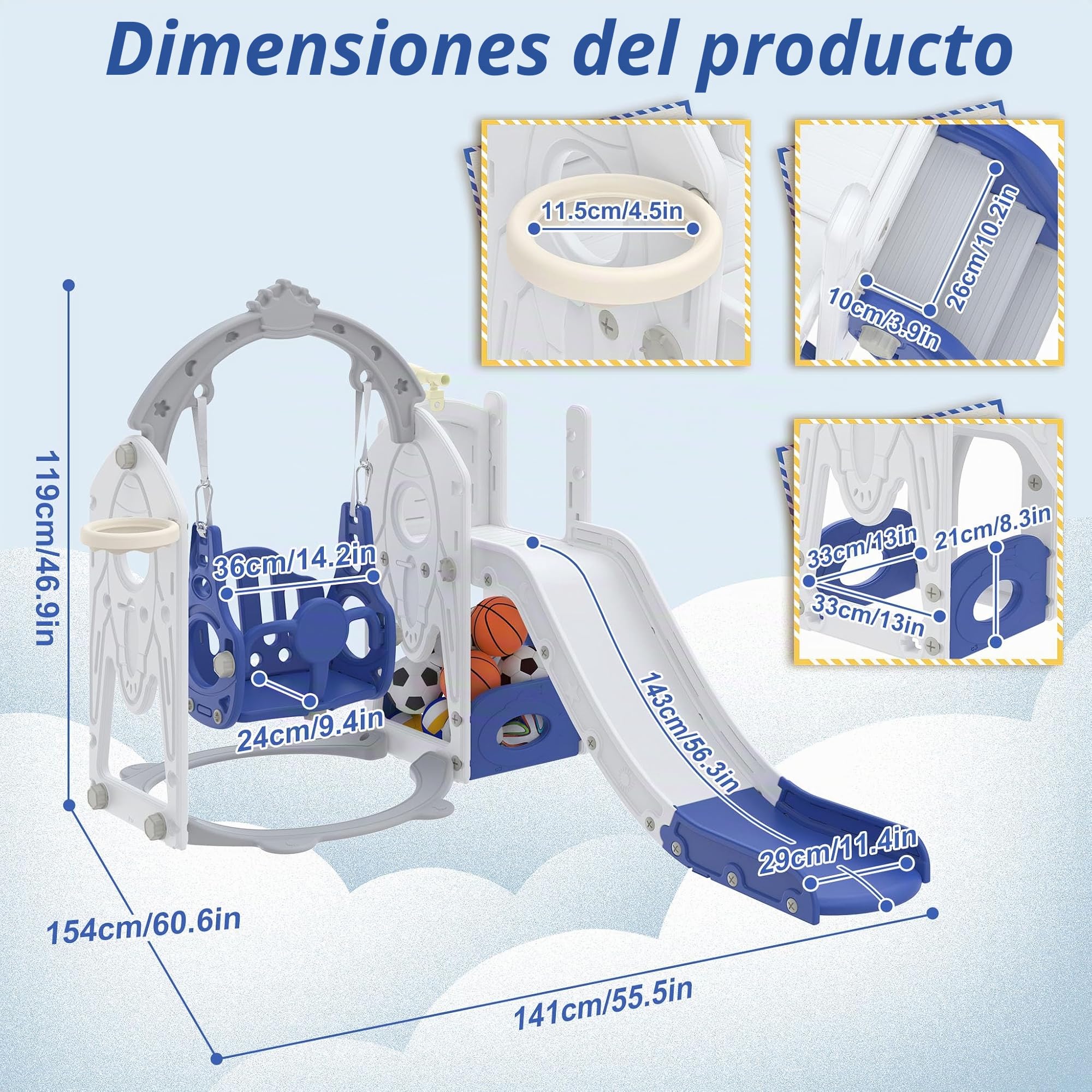 Froadp Tobogán infantil 6 en 1 para niños pequeños a partir de 1 año, interior y exterior, tobogán independiente de HDPE y PP, con columpio, escalera de escalada, espacio de almacenamiento, canasta de