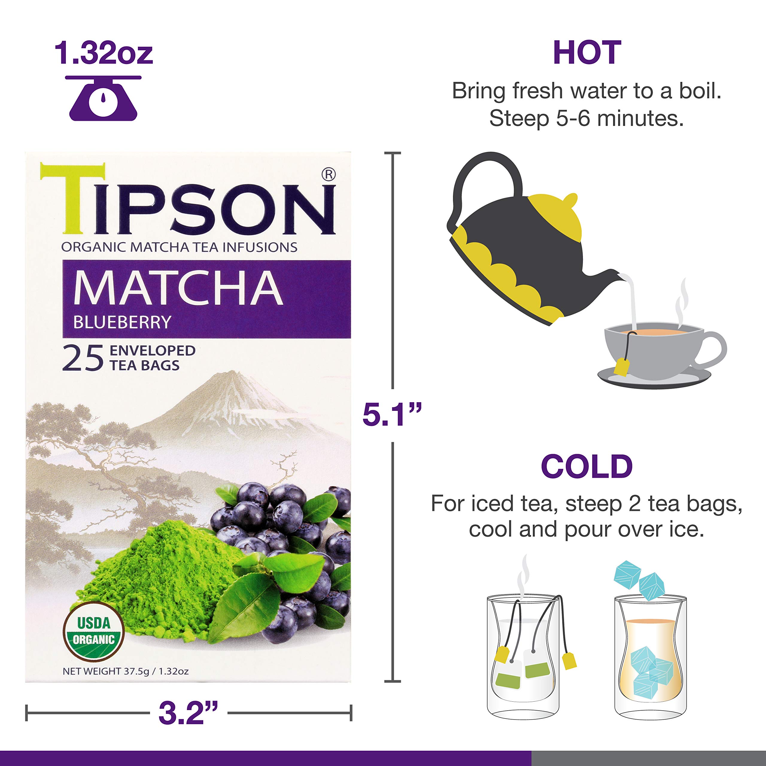 Tipson Organic Matcha Green Tea - Blueberry Flavor - 25 Foil Enveloped Double Chambered Bags - Keto Paleo — view 7