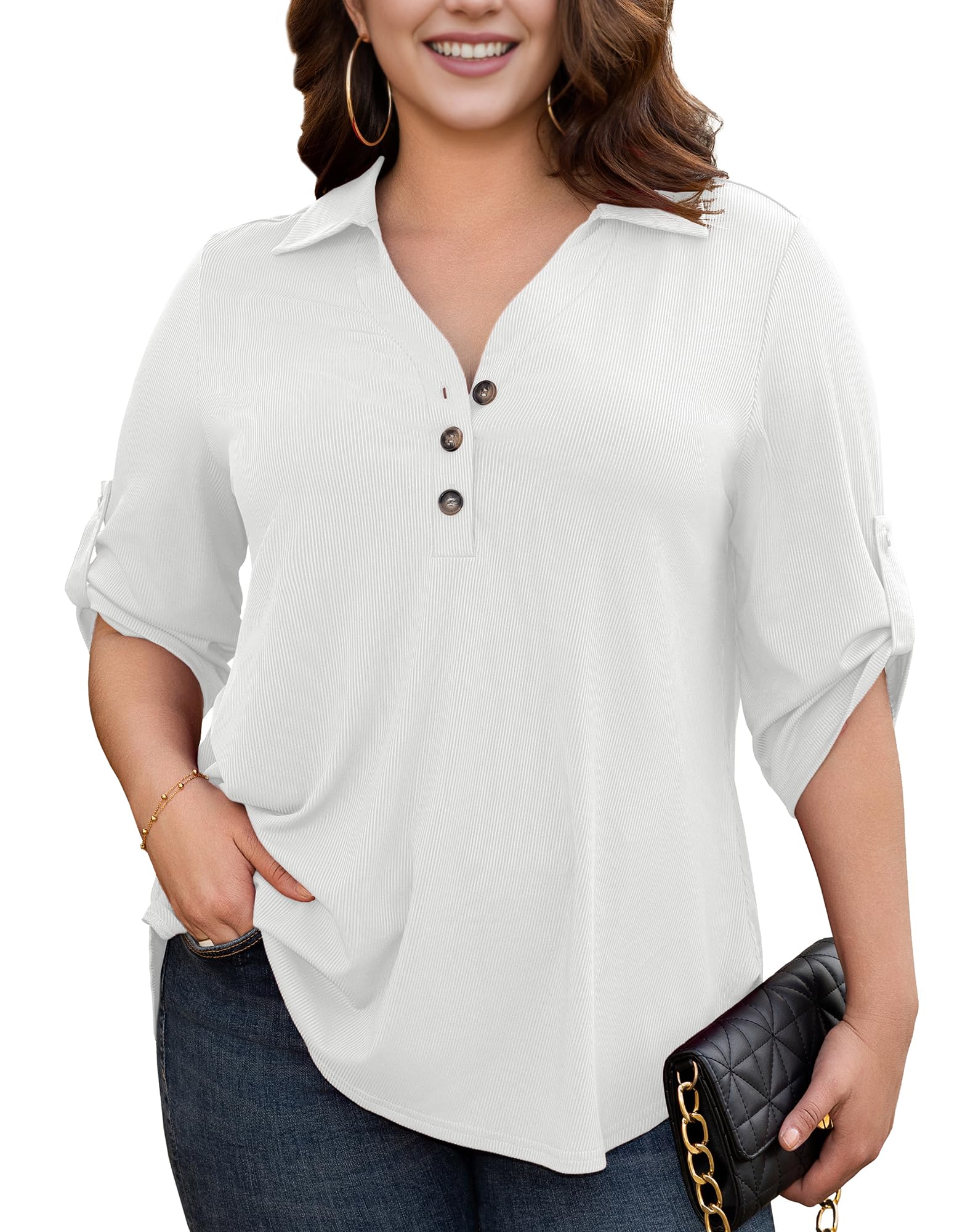 Plusashion Women's Plus Size Tops Casual Button Down V Neck 3/4 Roll Sleeve Blouses Relaxed Fit Tunic Shirts