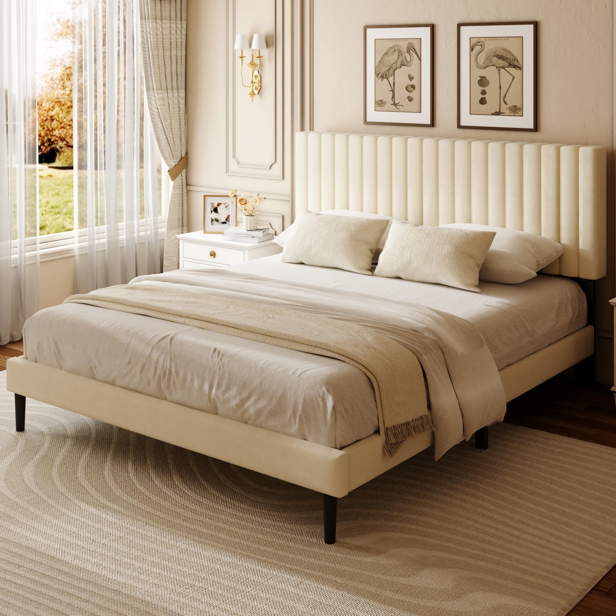 viplov Double Bed Frame with Velvet Upholstered Headboard, King Bed Frame with Strong Wood Slats, Mattress Foundation, Box Spring Optional, Easy Assembly, Beige