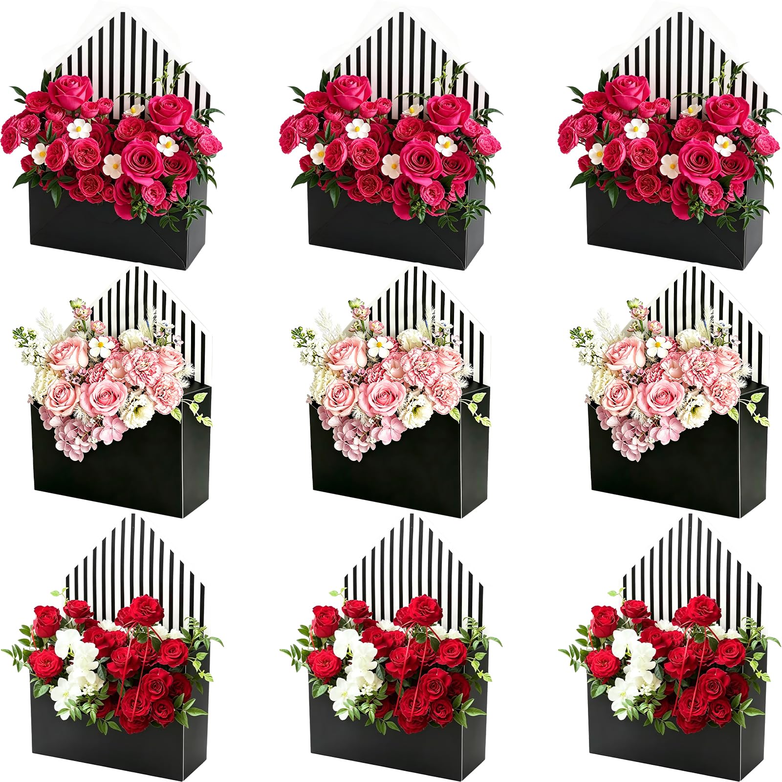 FYSUIMU 9Pcs Mother's Day Floral Envelope Box Empty Flower Stripe Paper Box Florist Bouquet Packaging Box for Valentine's Day Wedding Birthday Party Arrangements, Black