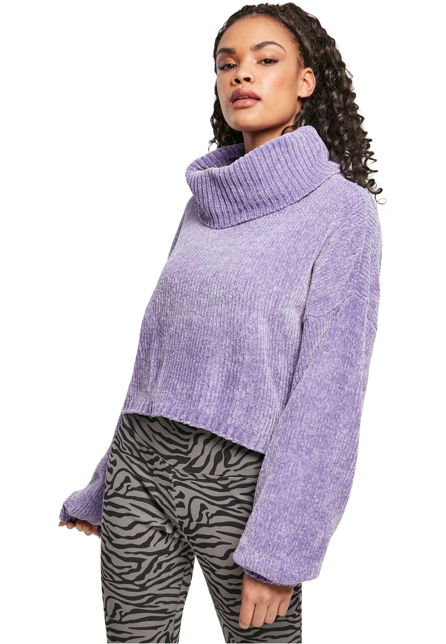 Urban Classics Women's Ladies Short Chenille Turtleneck Sweater Sweatshirt, Lavender, S