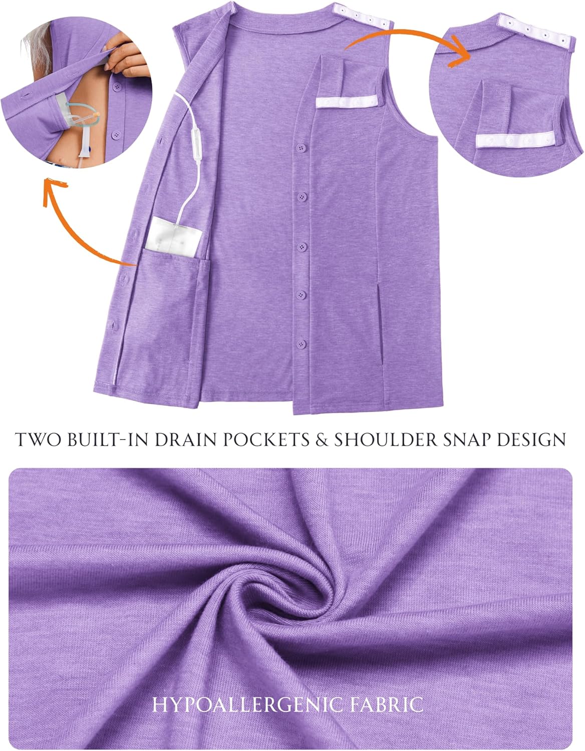 Deyeek Women's Mastectomy Shirts with Drain Pockets Post Shoulder Surgery Snap Tank Tops V-Neck Chemo Shirts for Ports Access - Image 5