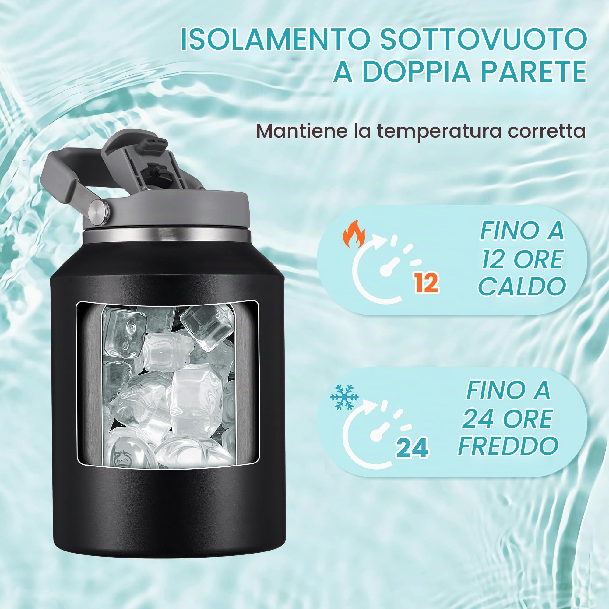 Borraccia Termica 2 litro Bottiglia Termica Senza Perdite Borraccia Palestra Sportiva in acciaio inox, rimanere fredde 24h o calde 12h, Senza BPA