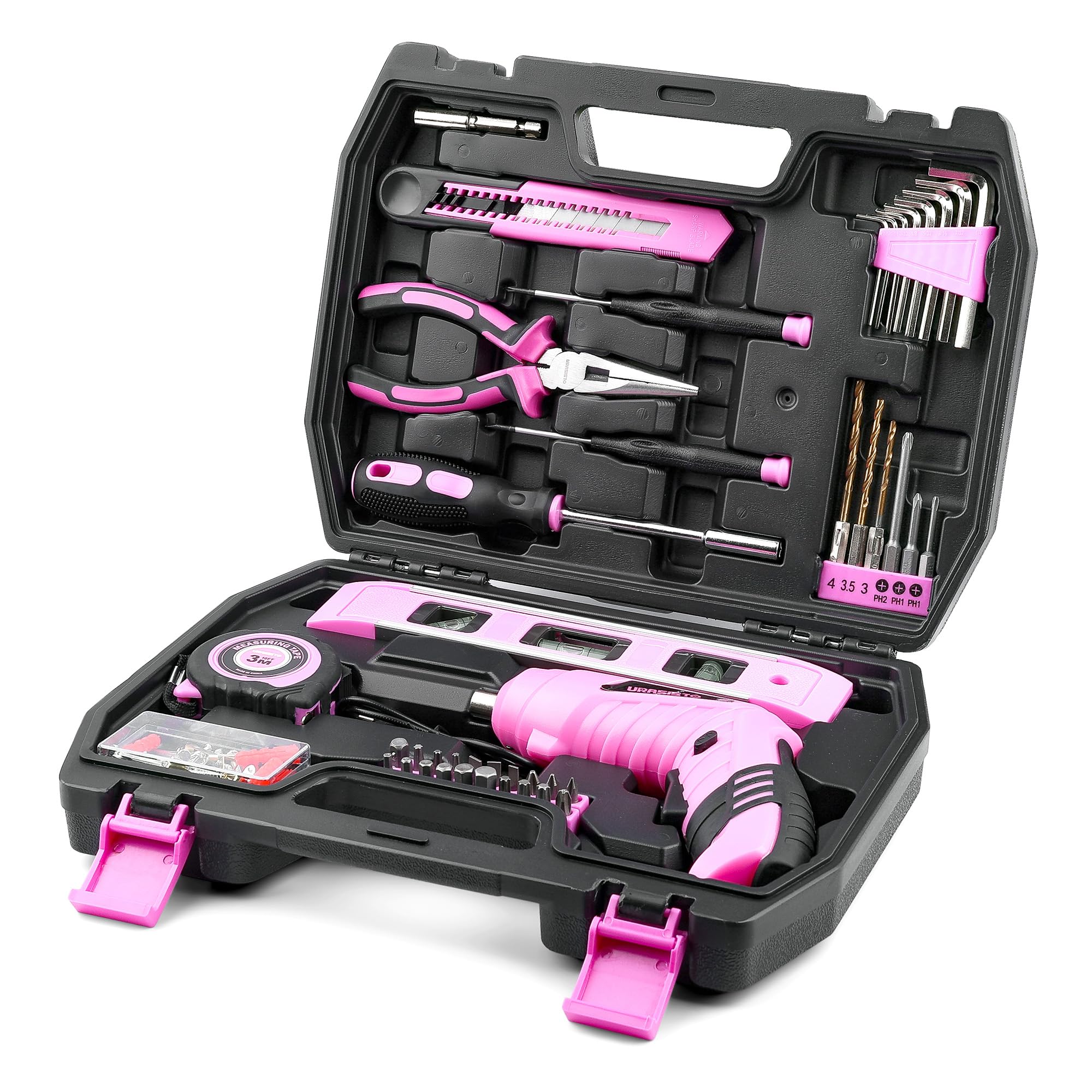 URASISTO 123 Piece Pink Household Tool Set with 3.6V USB Electric Screwdriver, Home Tool Kit with Cordless Lithium-ion Drill Driver, HandTool Kits for