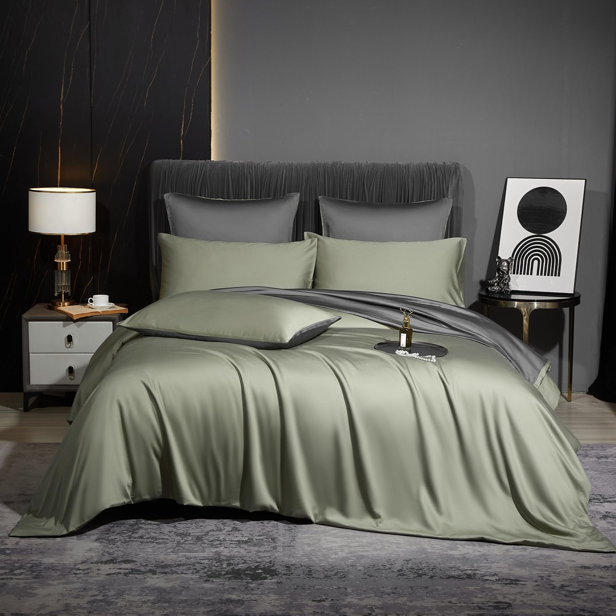 Luowei Bambus Bettwäsche 135x200 cm Grün Grau Sommer Kühlend Atmungsaktiv Wendebettwäsche aus 100% Bambus Lyocell Oeko-TEX Zertifiziert Bettwäsche mit Reißverschluss und 1 Kissenbezug 80x80 cm