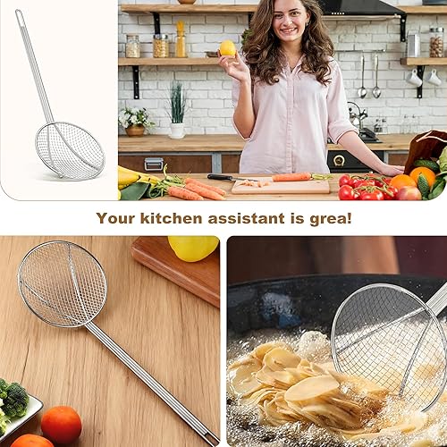 Miniatura 7 de Paquete de 2 coladores de malla de alambre de 18 pulgadas niquelados con mango largo, cuchara redonda para freír, colador de aceite de cocina para