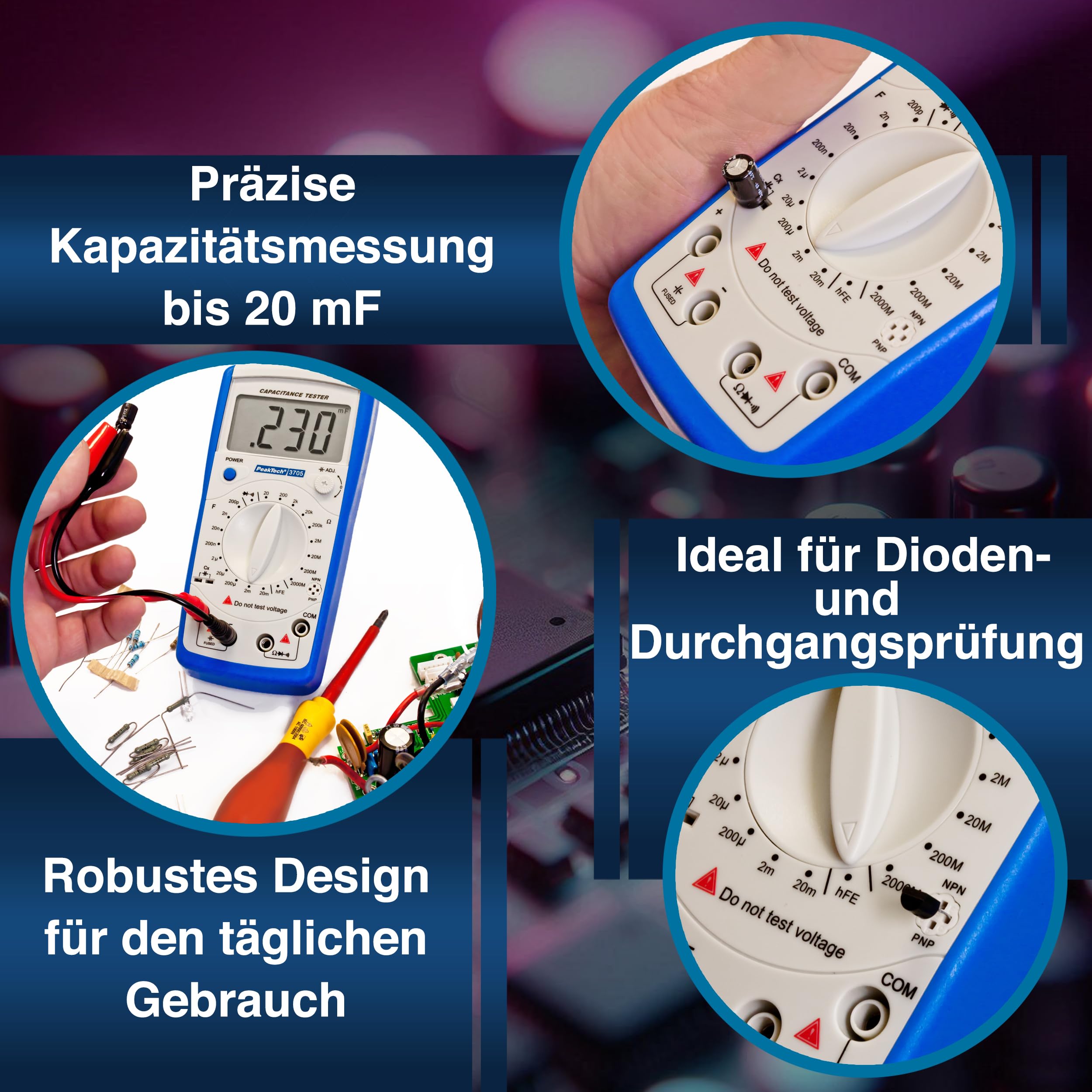 PeakTech P 3705 Digital Medidor de Capacitancia 20MF Resistencia 2000 Mohm Probador Continuidad Diodos Transistor Hfe