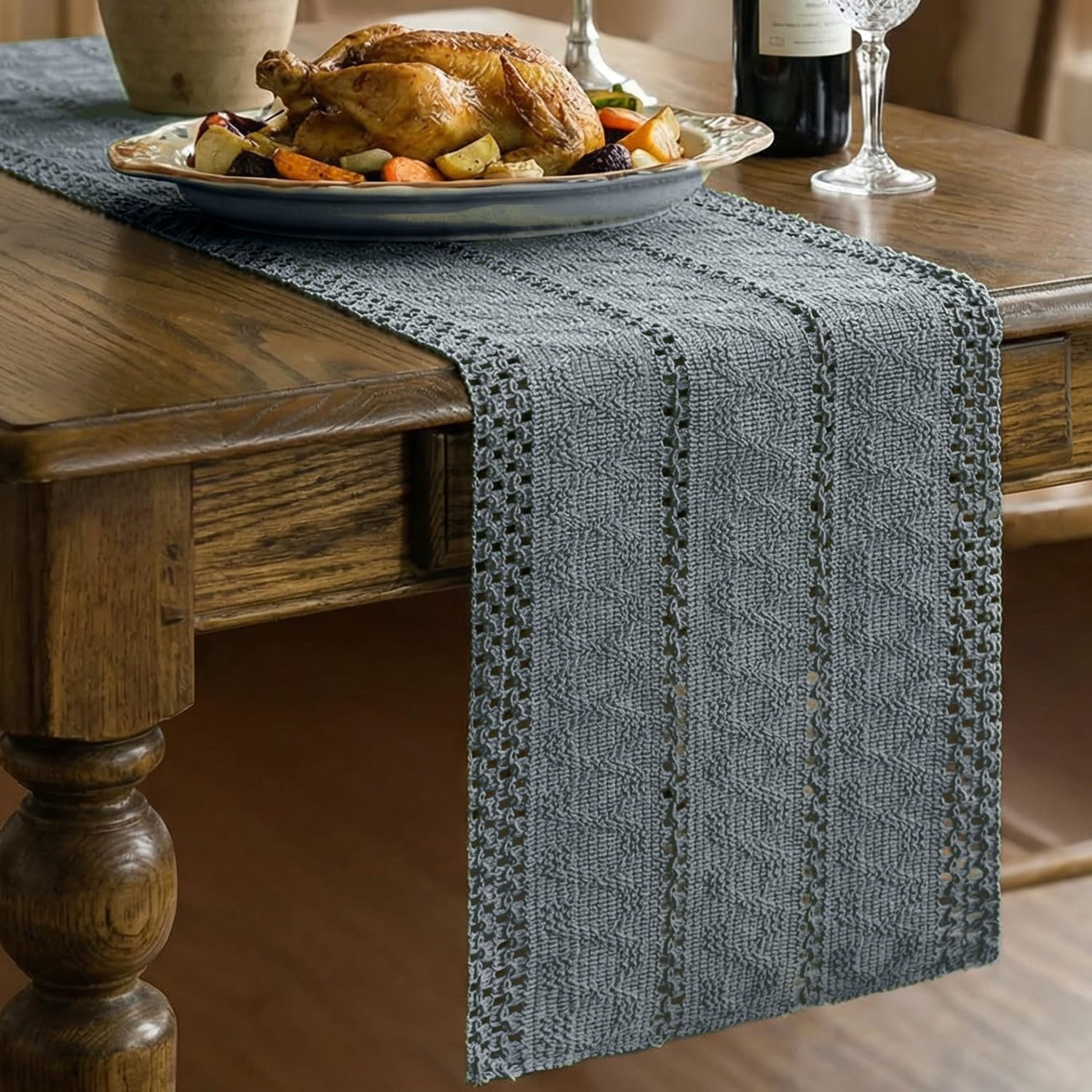 HIVTE Woven Cotton Linen Table Runner 30x91 cm, Grayish Blue Bohemian Rustic Farmhouse for Kitchen Dining Decor