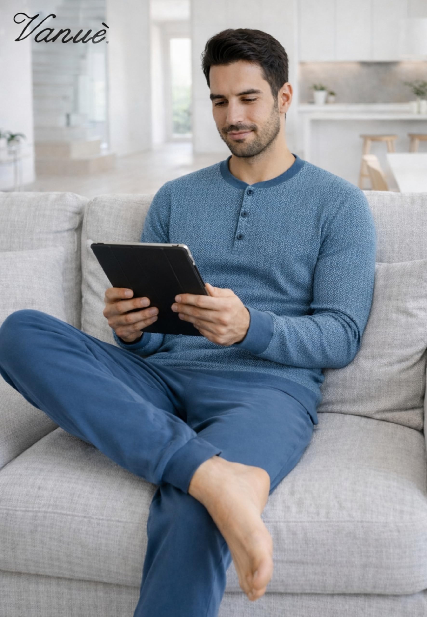 Intimitaly Vanuè - Pigiama Uomo Cotone Lungo 100%, Maglia Maniche Lunghe e Pantalone, Leggero e Traspirante, Primavera Estate - 4