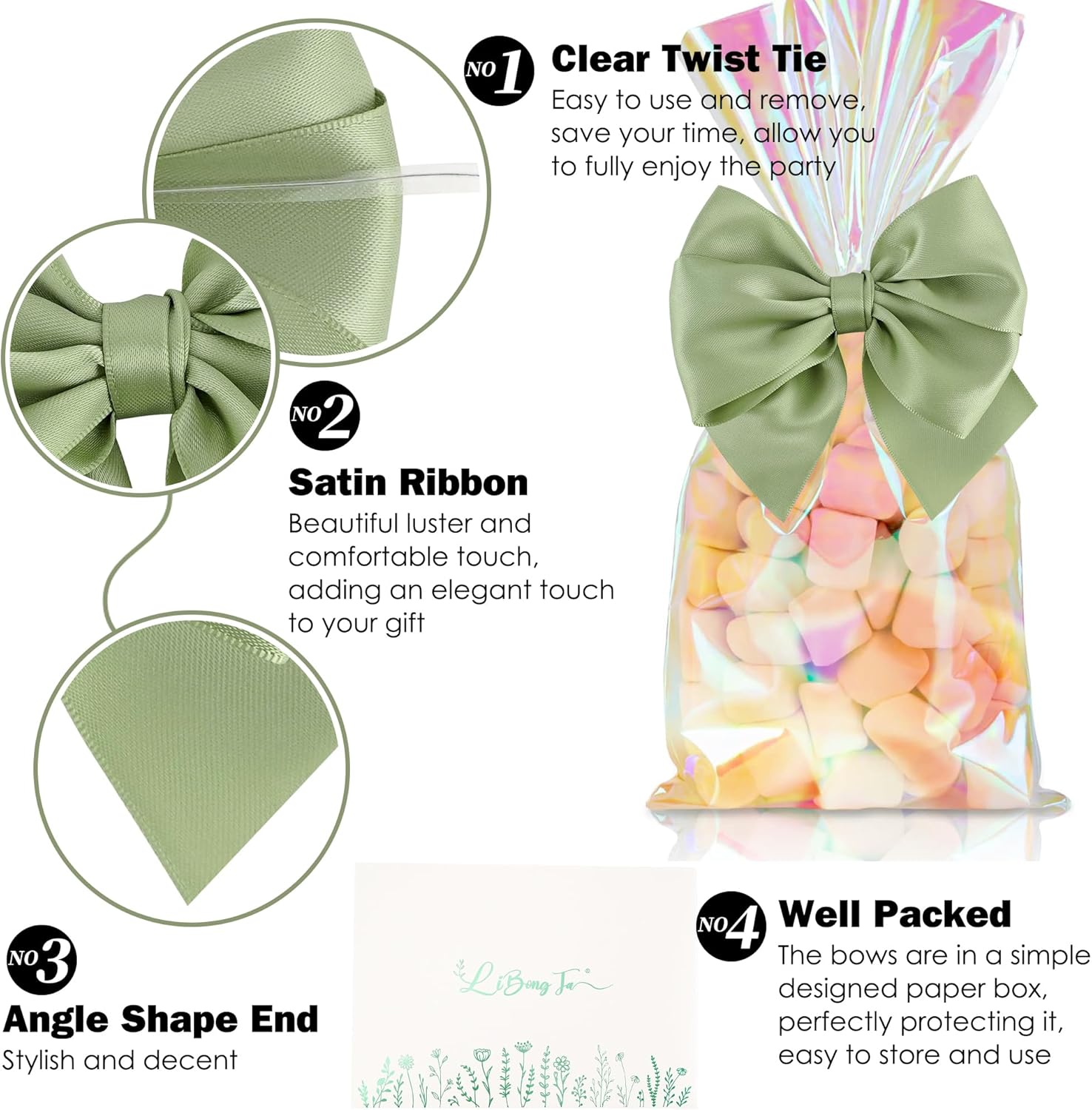 4 Inch Sage Green Gift Bow Satin Ribbon Bows for Crafts, Pre-Tied Bows, Twist Tie Bow for Treat Bags, Premade Decorative Bow, Wrapping Bows for Presents, Wedding, Baby Shower-24 Counts - Image 3