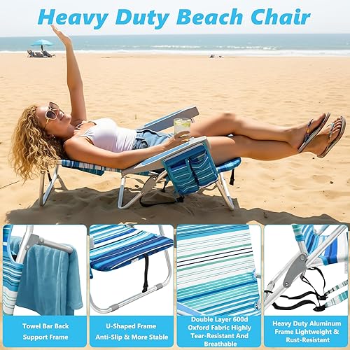 Miniatura 5 de Paquete de 2 sillas de playa plegables para adultos, 5 posiciones de aluminio reclinable, sillas compactas de arena baja con portavasos y