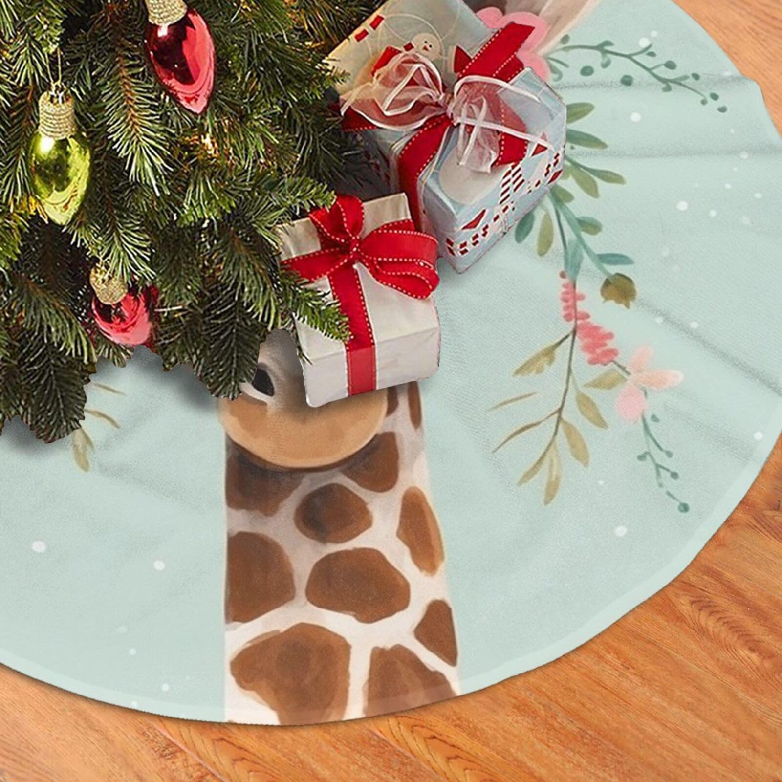 Fodpand Black Giraffe With Floral Christmas Tree Skirt 48" Velvet Xmas Tree Skirt Mat Rustic Christmas Tree Mat Cover Winter Xmas Tree Collar For Indoor Outdoor Christmas Decorations